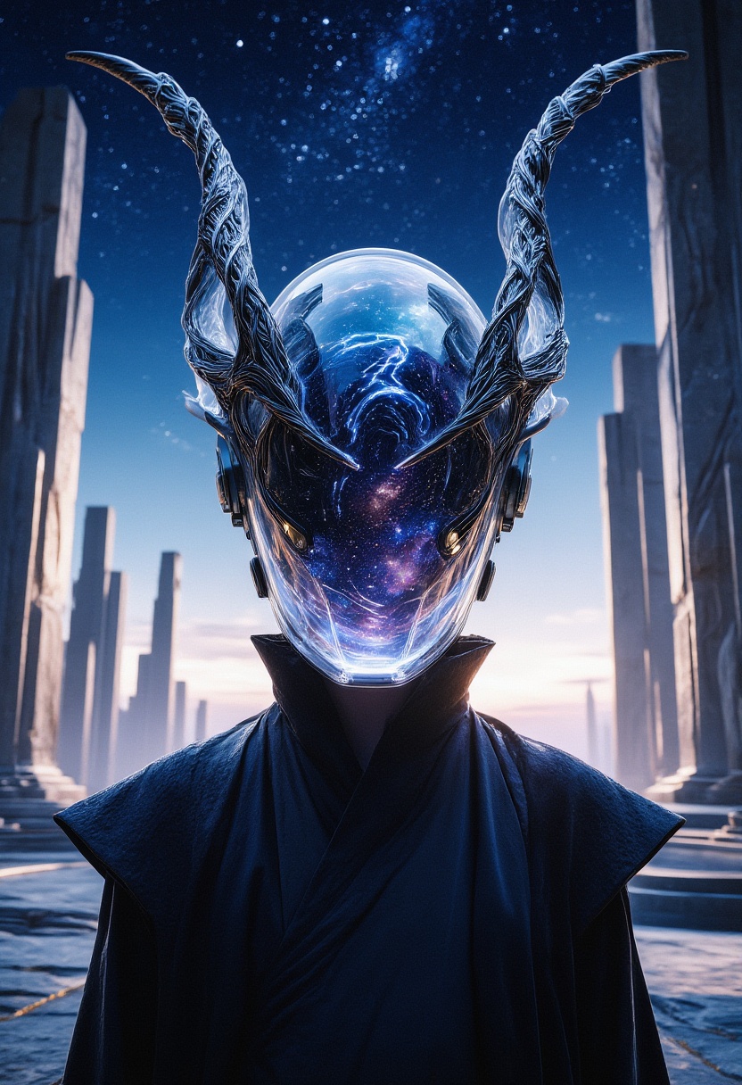 Cinematic,  futuristic scene featuring a close-up portrait of a mysterious figure wearing a dark,  flowing robe. The figur...
