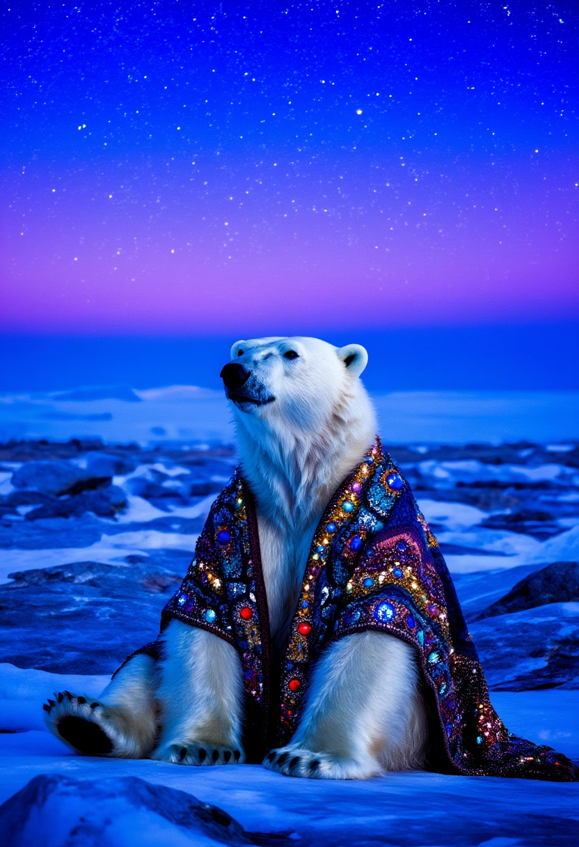 In this captivating realistic shot,  an anthropomorphic polar bear dressed in a richly textured,  jewel-toned shawl sits c...
