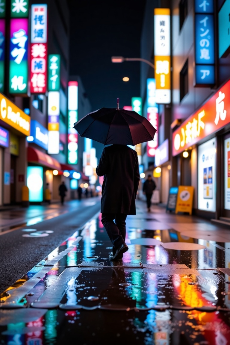 Cinematic street photo at night in Tokyo,  wet asphalt reflecting neon lights,  a man walking alone with umbrella on Tenso...