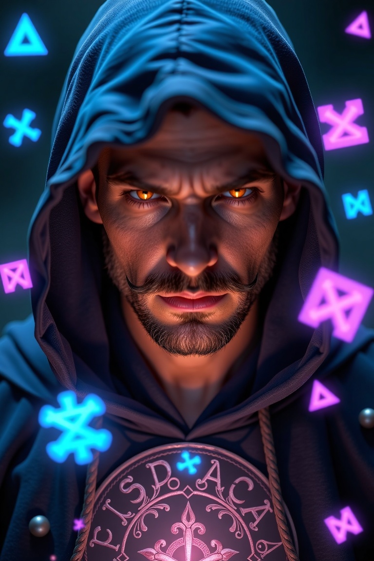 Ultra realistic fantasy portrait of a dark mage,  glowing magical runes floating around,  detailed face with intense eyes...