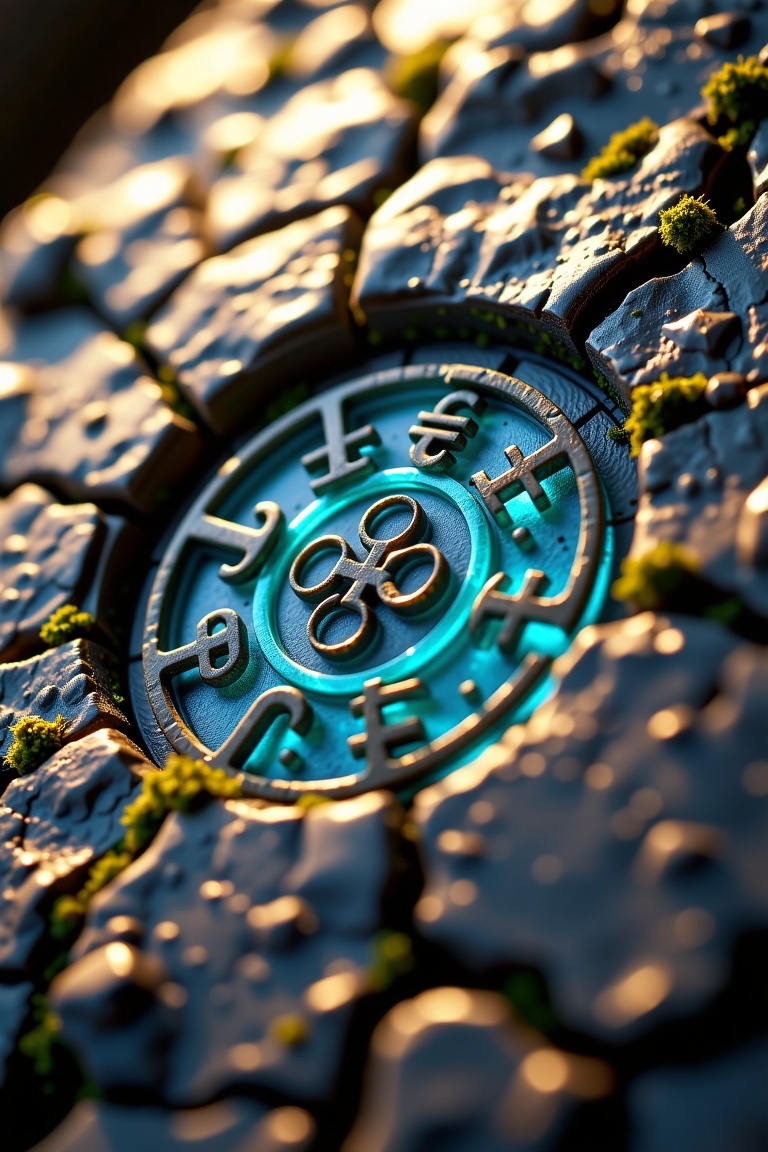 Ultra detailed macro shot of ancient stone with glowing magical runes carved into it,  moss and cracks visible,  dust part...