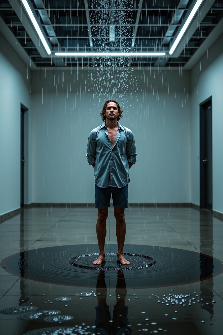 Ultra realistic surreal scene of a man standing inside a room where it is raining only above him,  water falling from invi...