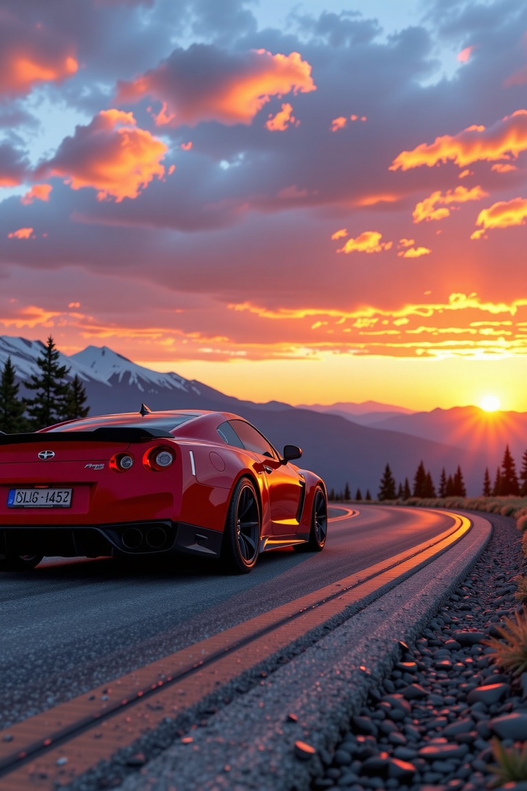 Ultra realistic sports car parked on mountain road at sunset,  golden hour lighting,  dramatic sky on Tensor.Art