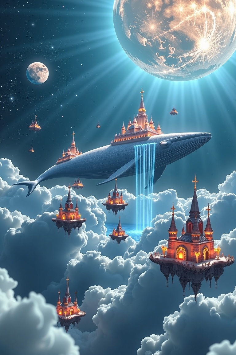 An endless ocean floating above the clouds,  colossal whales carrying entire kingdoms on their backs,  waterfalls pouring...