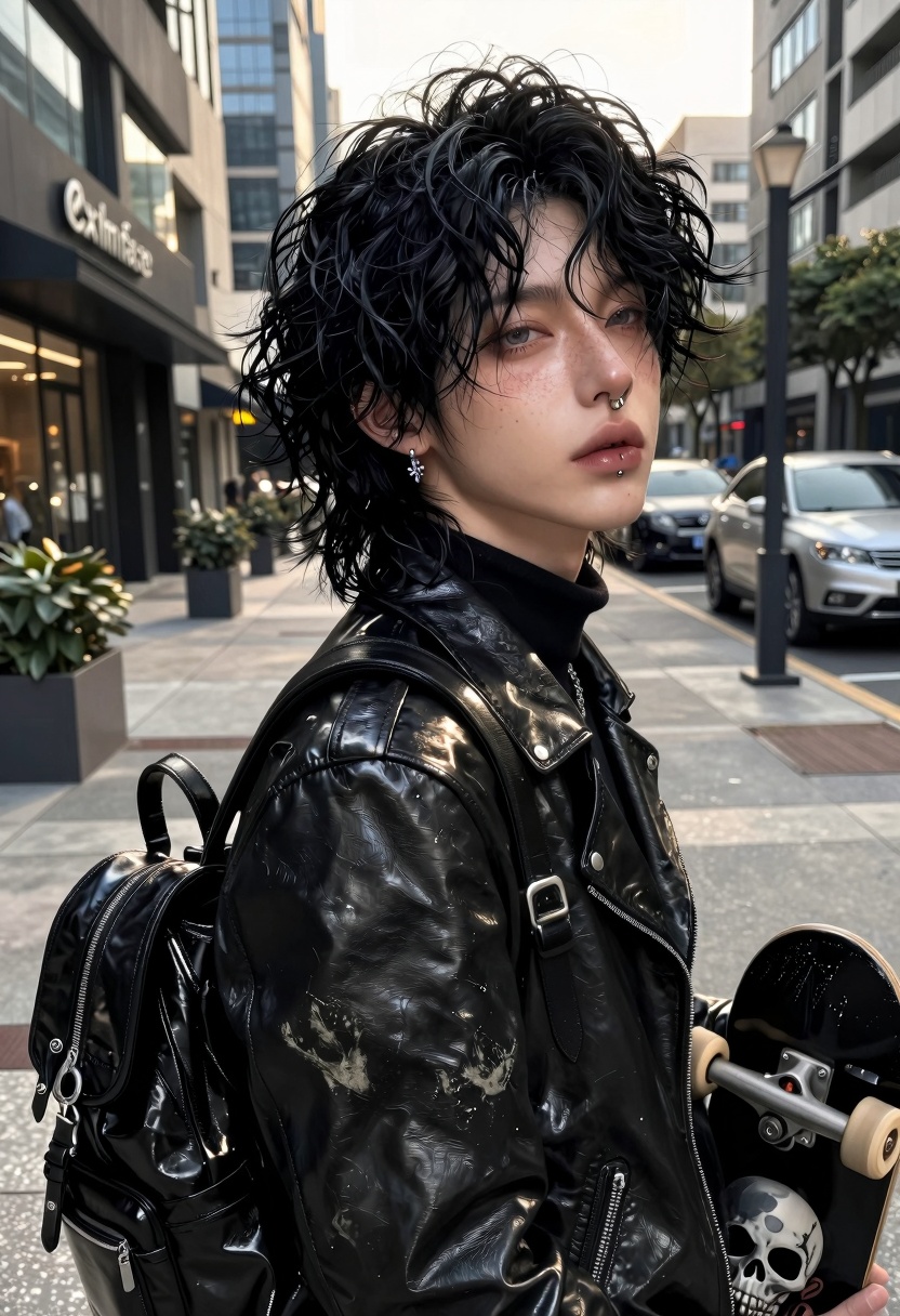photorealistic street photography,  alternative young man,  black curly medium-length hair on Tensor.Art
