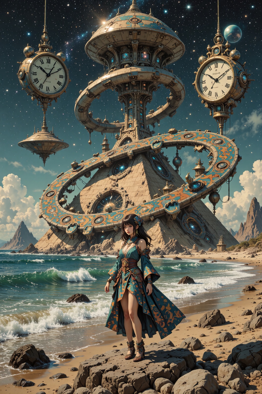 Create a surrealistic science fiction scene where an attractive girl stands at the base of a pyramid,  surrounded by Moebi...