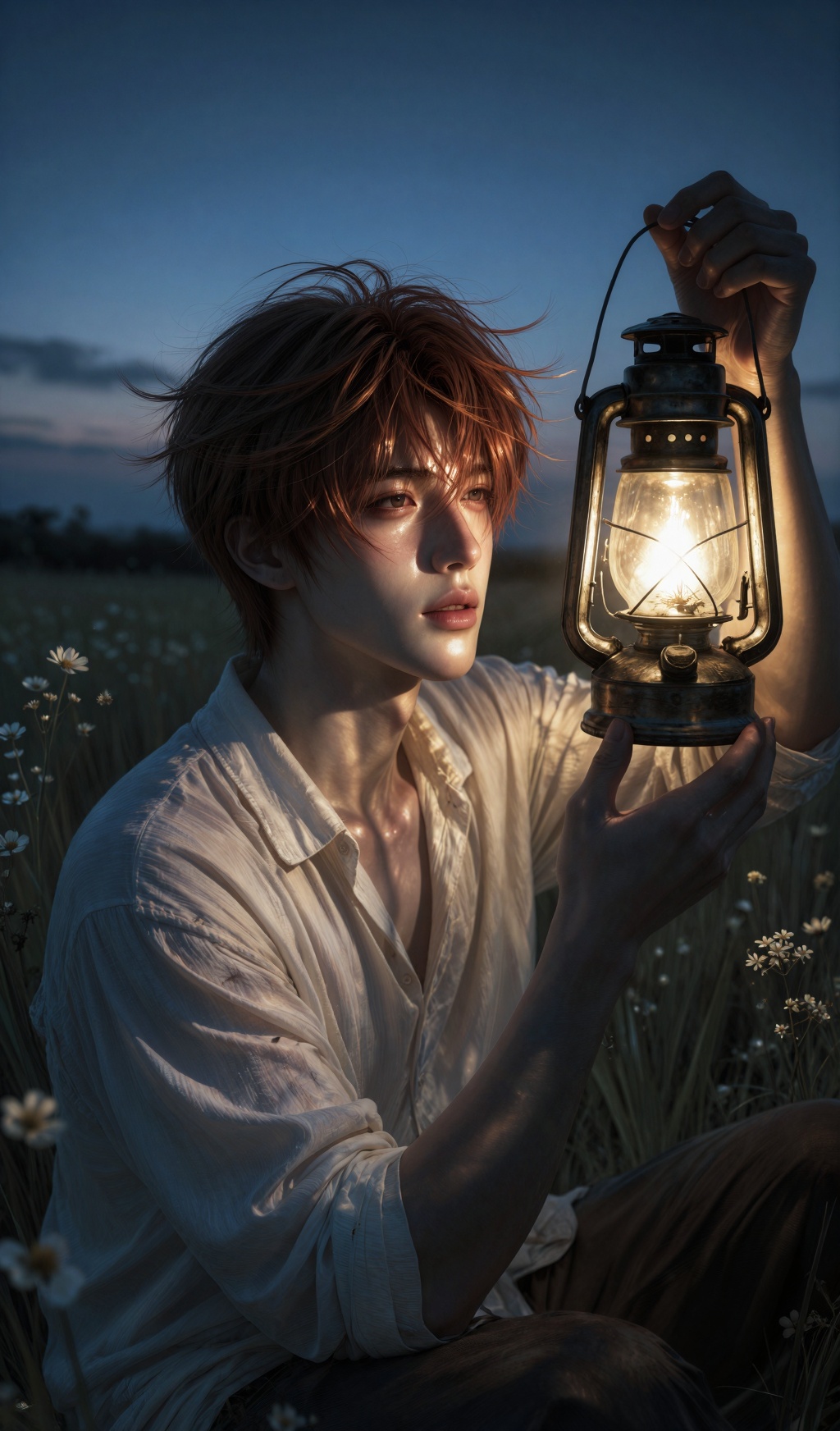 1male,  cinematic twilight lantern portrait,  youthful delicate facial features on Tensor.Art