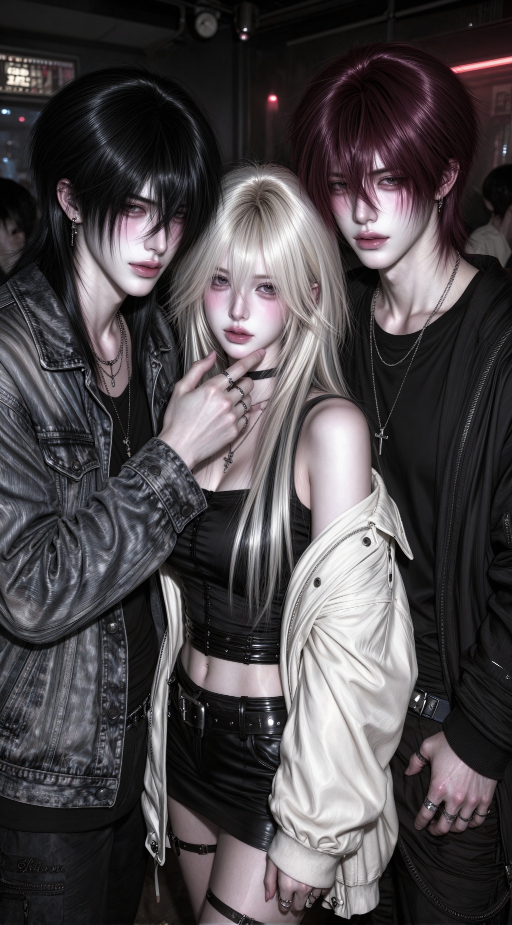 cinematic portrait,  1 young woman and 2 young men,  delicate facial features on Tensor.Art