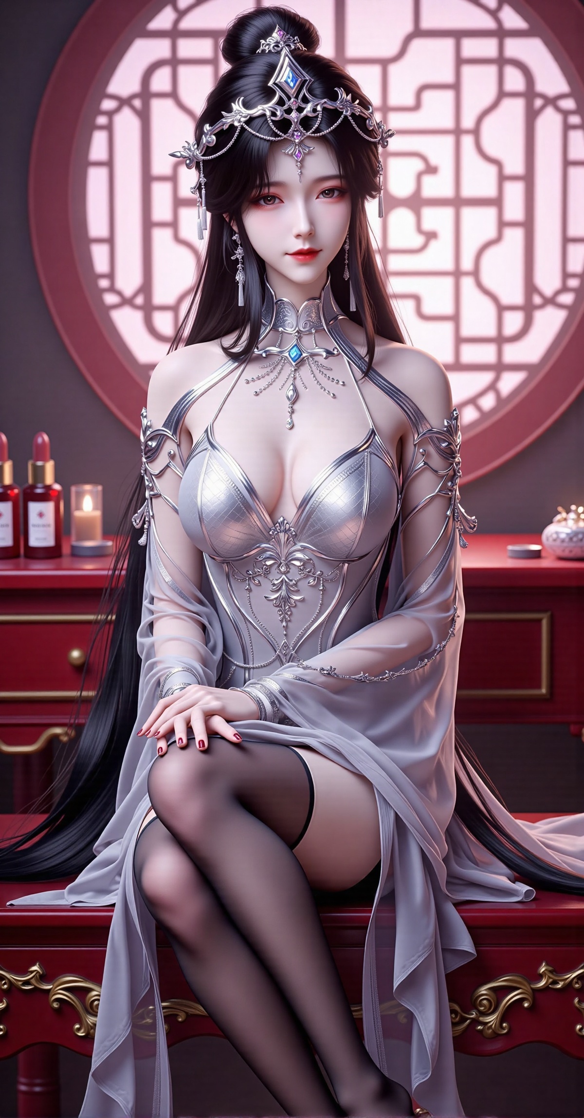 Medium full-body Chinese 3D CG portrait,  cold ancient-style elegant lady Nangong Xianer,  long dark brown straight hair w...