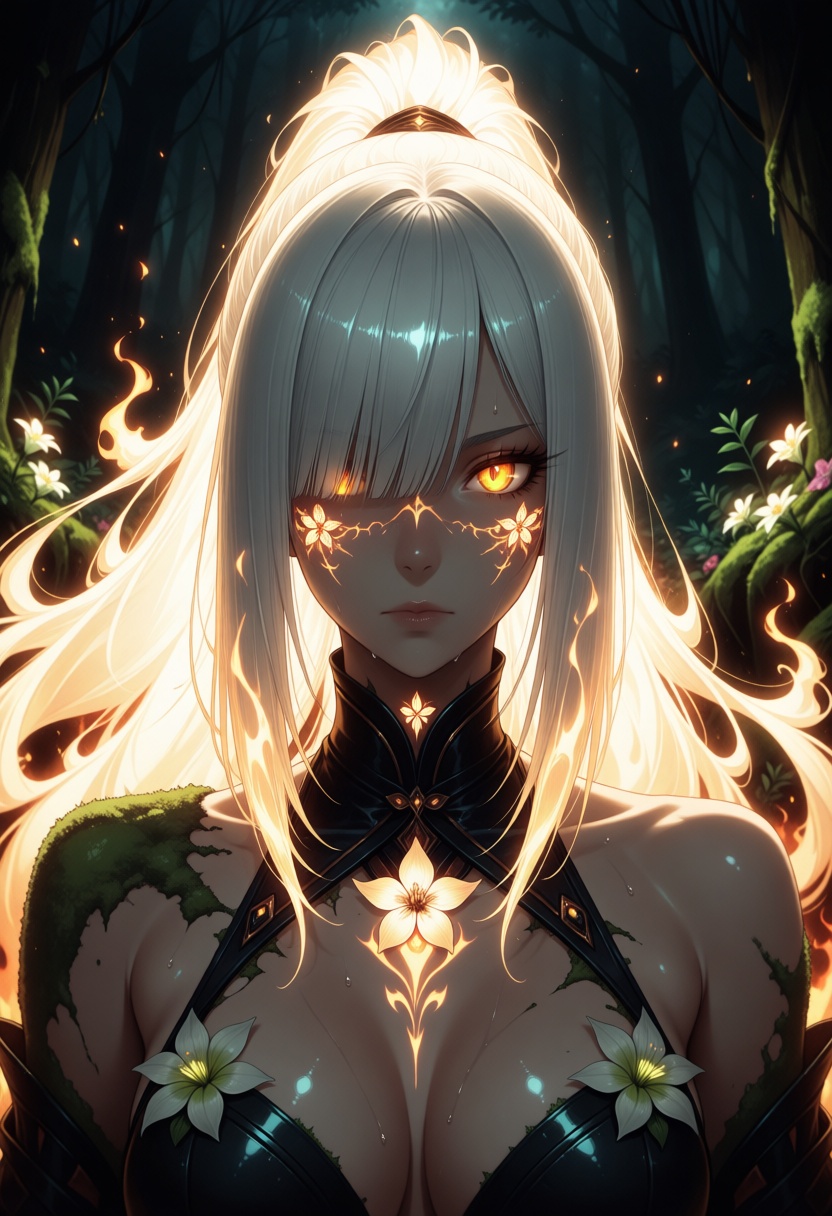 A digitally edited portrait of a woman with glowing orange eyes,  surrounded by vibrant,  glowing flames and green moss an...