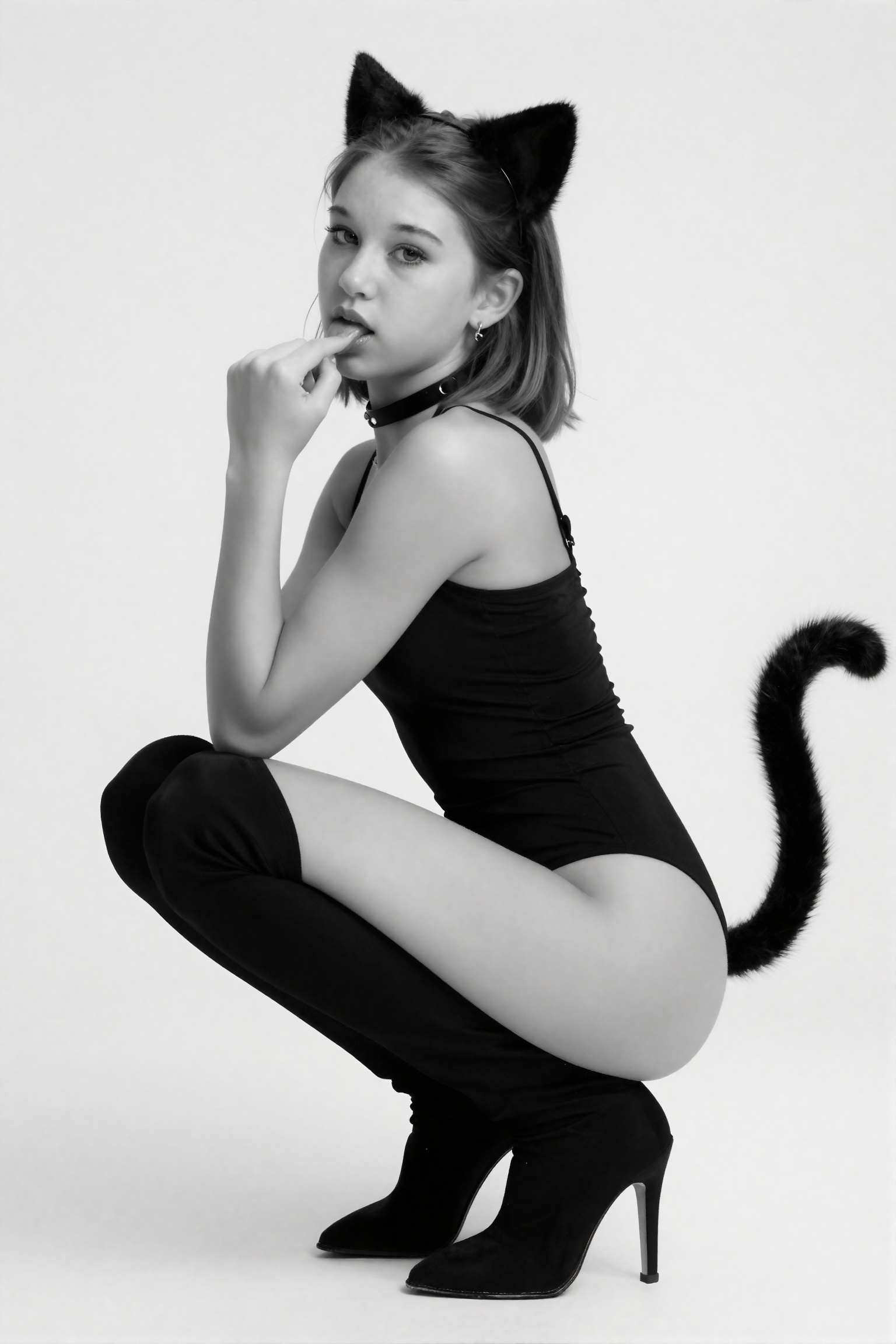 stark b&w photo of A young girl wearing a black,  form-fitting,  sleeveless bodysuit and high-heeled boots. She is crouche...