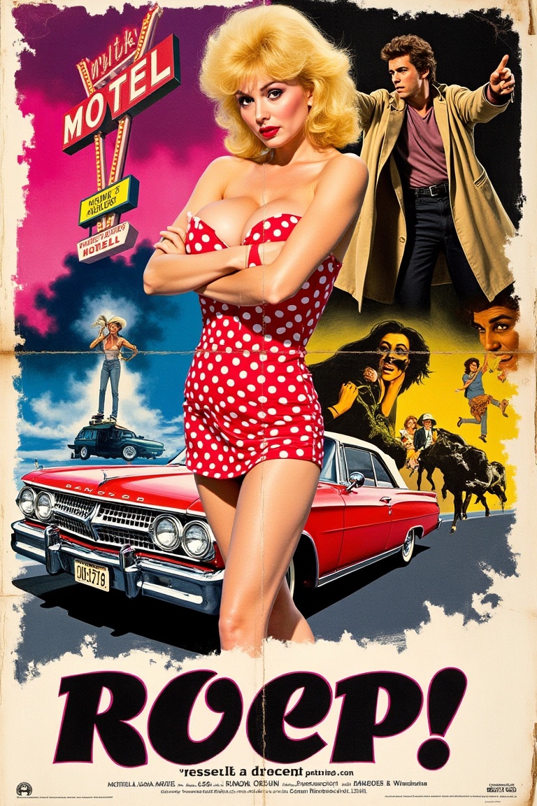 Vintage B-movie collage cover,  centered composition: blonde bombshell in tight polka-dot dress,  arms crossed on Tensor.Art