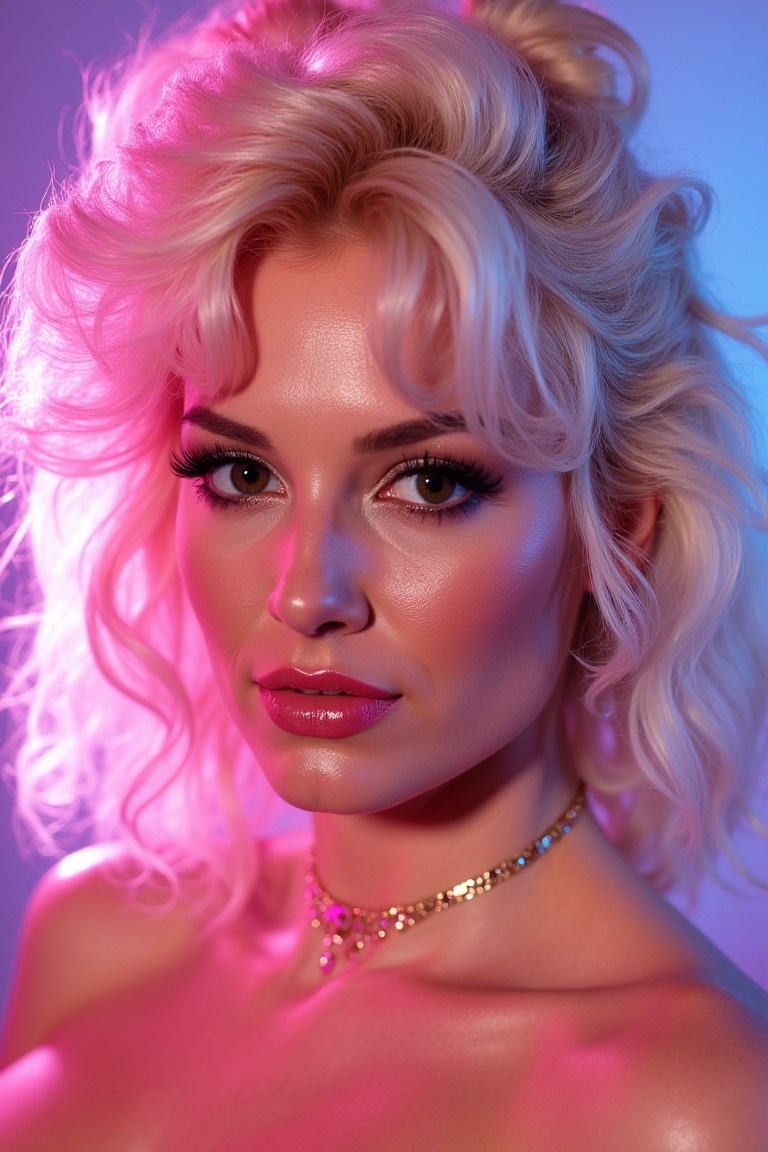 Close-up portrait of a 1980s blonde glamour model with shimmering makeup,  teased hair,  glossy highlights on Tensor.Art