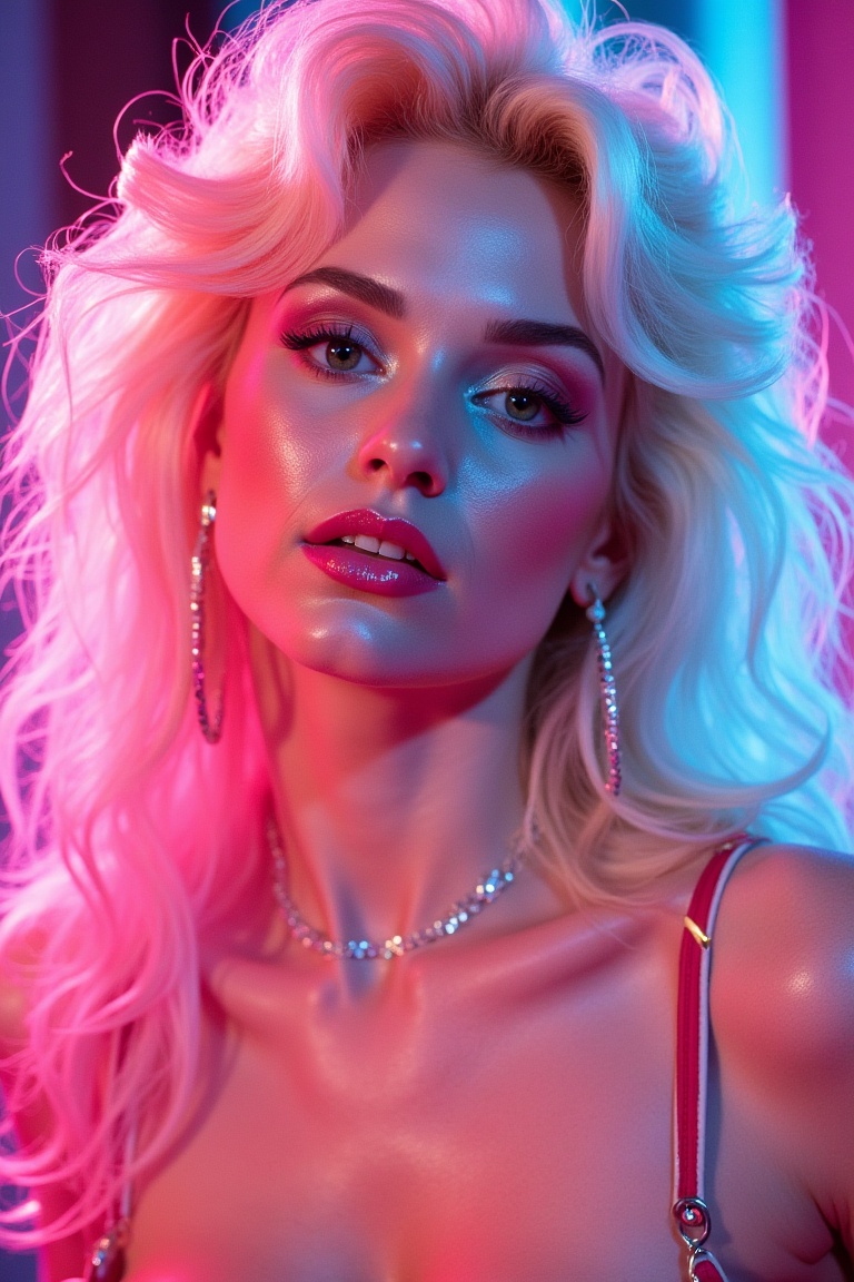 Close-up portrait of a 1980s blonde glamour model with shimmering makeup,  teased hair,  glossy highlights on Tensor.Art