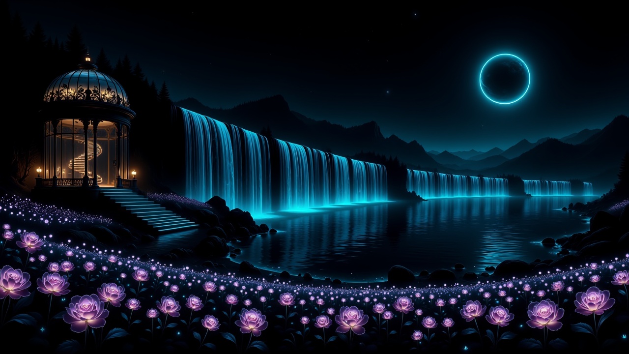 A colossal uninterrupted glowing cyan waterfall system dominates the landscape,  flowing continuously across the entire wi...