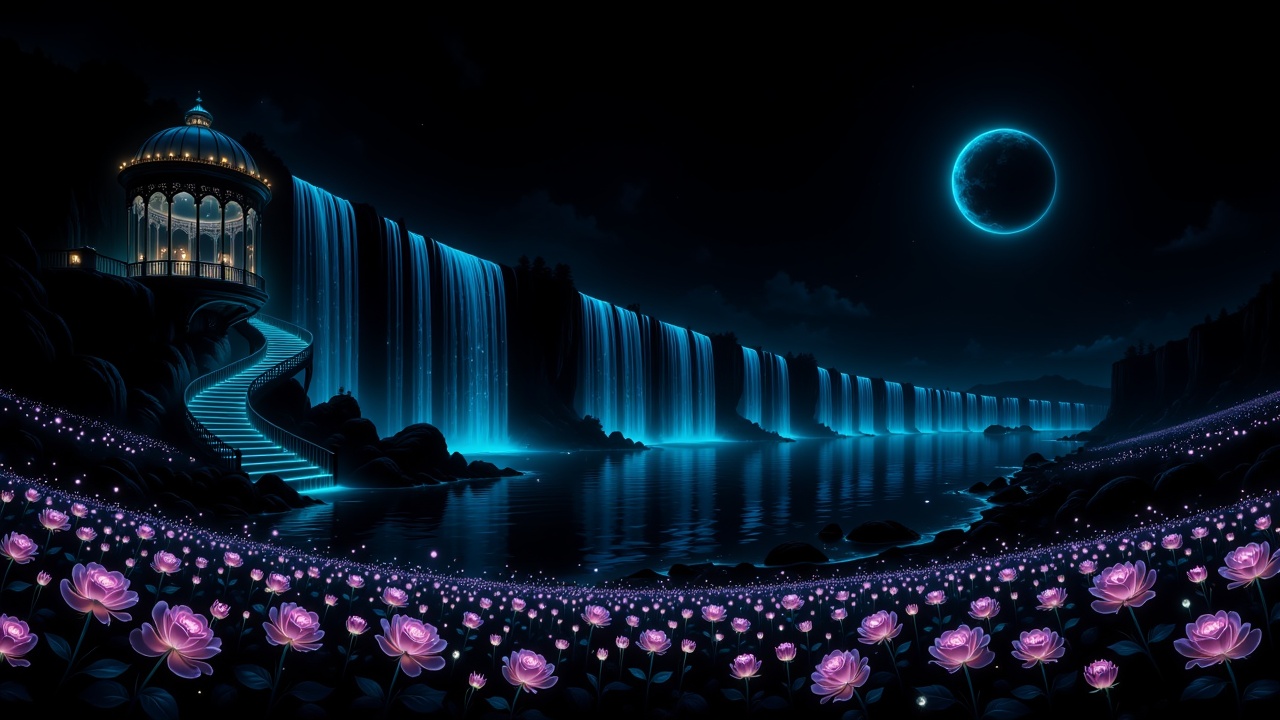 A colossal uninterrupted glowing cyan waterfall system dominates the landscape,  flowing continuously across the entire wi...