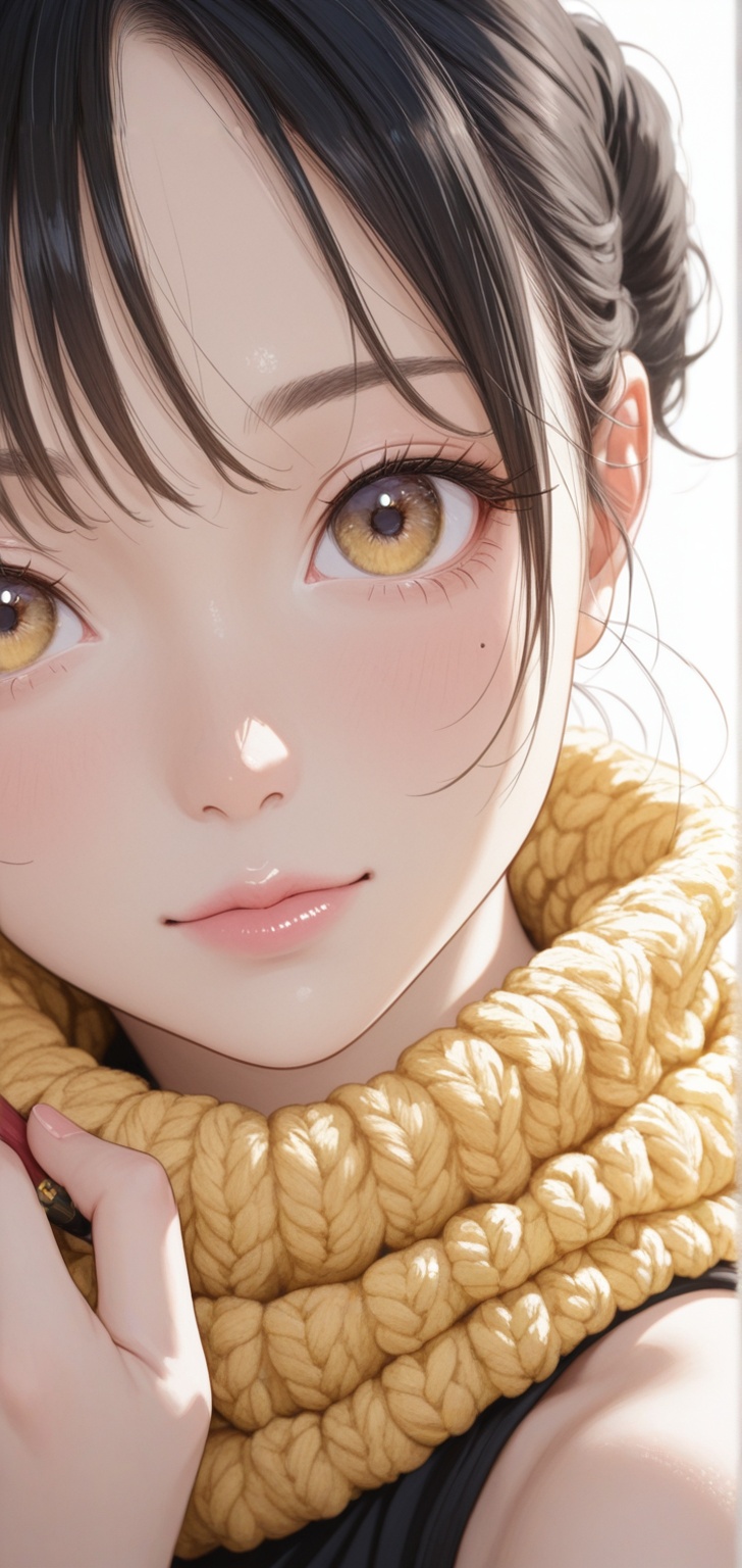 A hyper-realistic colored pencil drawing and oil painting hybrid portrait of a beautiful young Asian woman,  three-quarter...