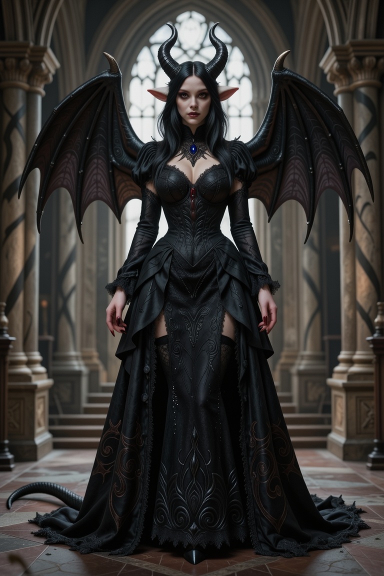 Create a gothic illustration featuring a creature named Gyumi. Gyumi has horns,  a long tail,  and wings on Tensor.Art