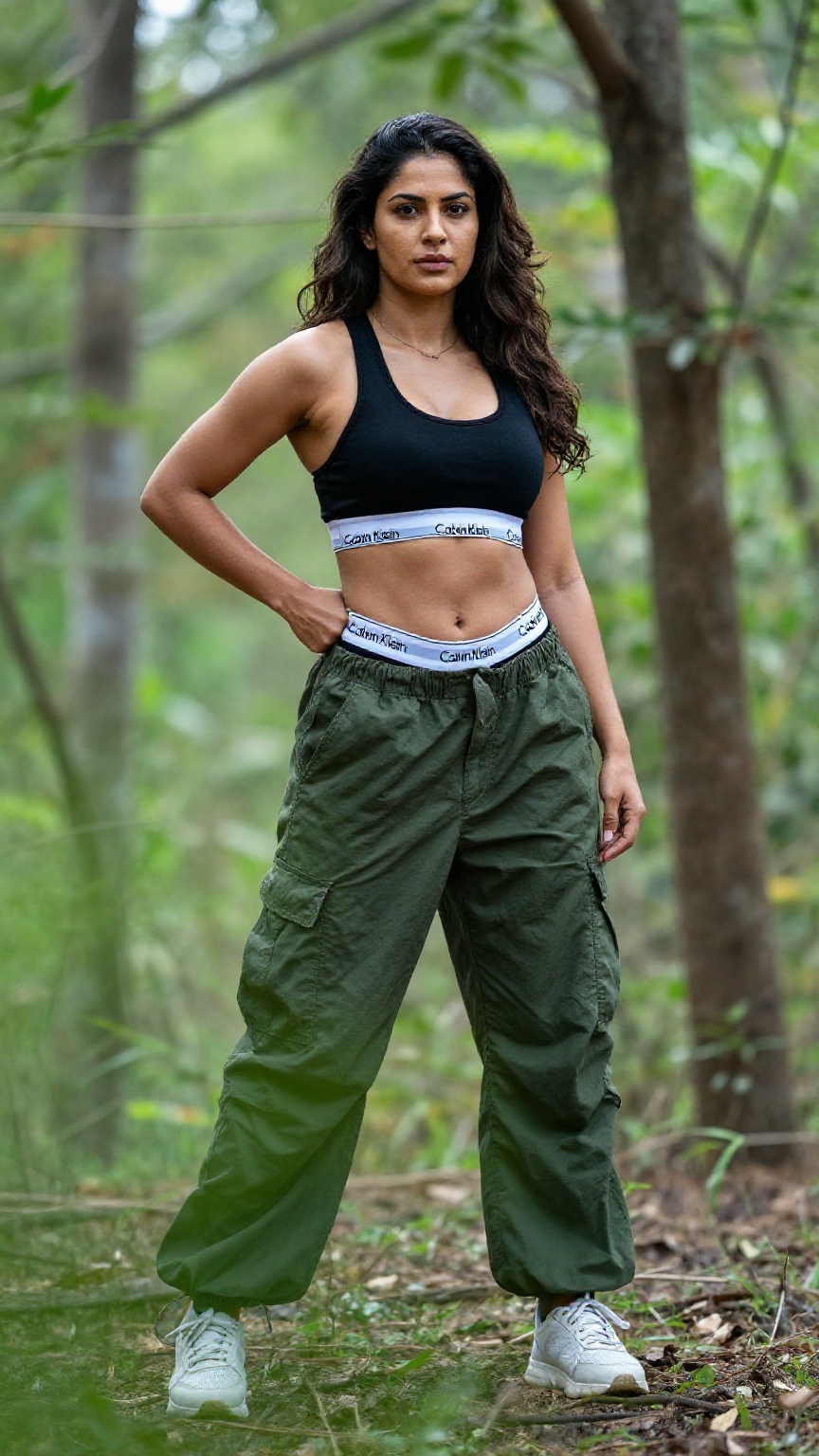 Photograph of a confident woman standing outdoors in a natural slightly blurred forest setting. She has long wavy dark hai...