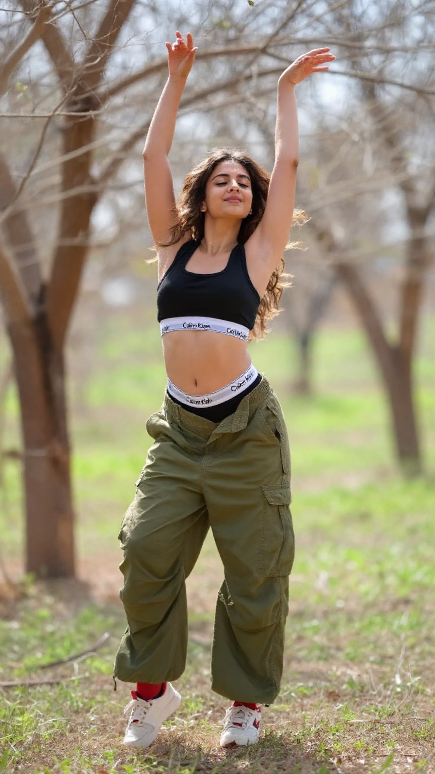 Photograph of a young woman dancing outdoors in a natural setting. She has long wavy brown hair and a light to medium skin...