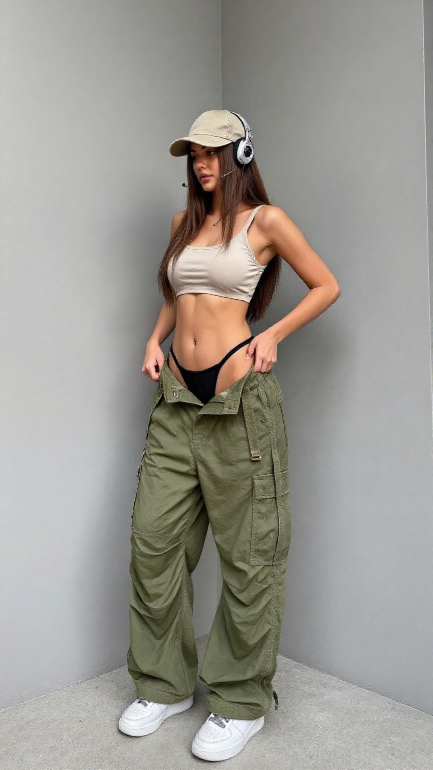 Photograph of a slender young woman standing in a minimalist grey-walled room. She has long straight brown hair and is wea...