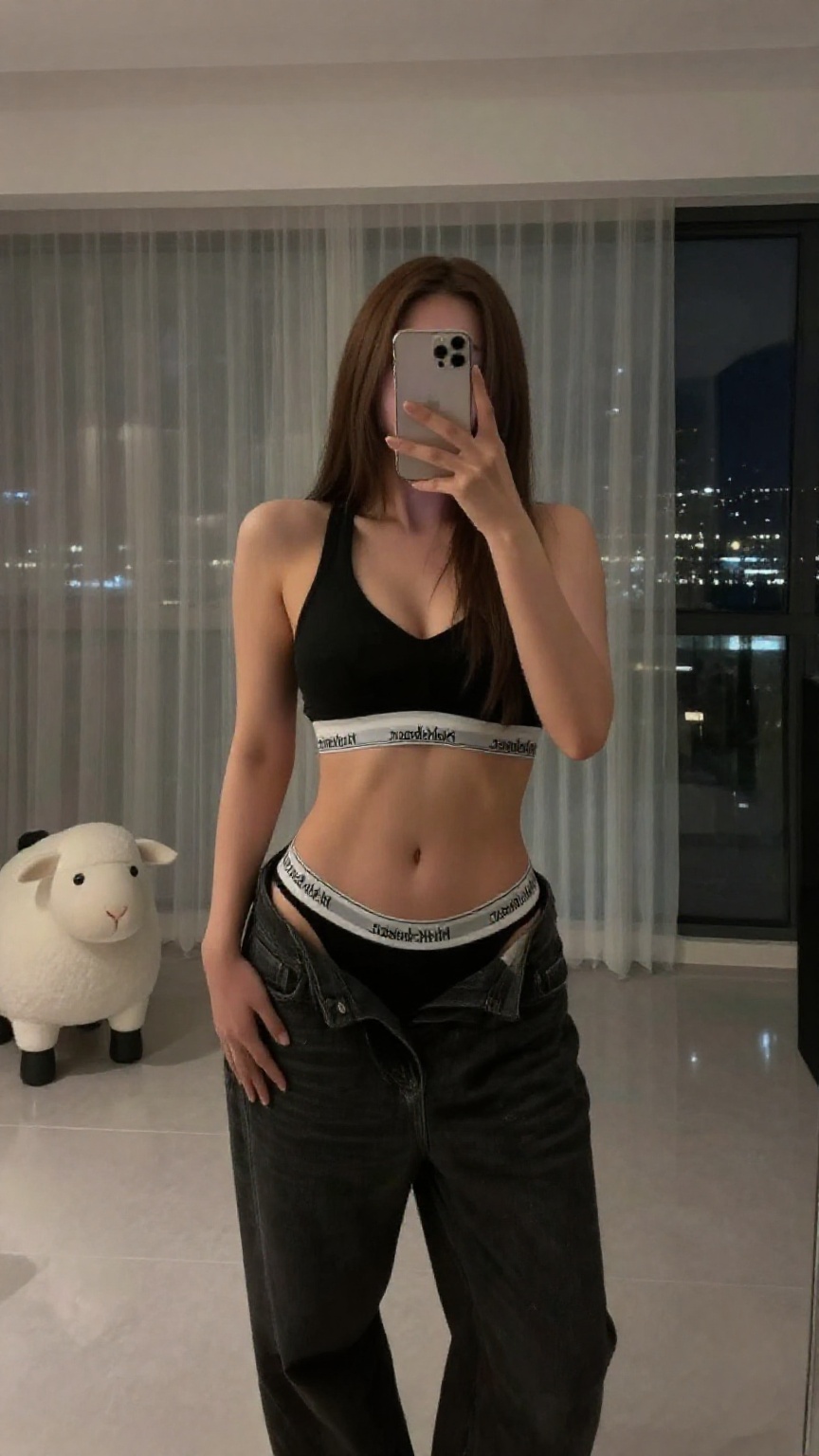Photograph of a young woman taking a mirror selfie in a modern dimly lit room. She has long straight brown hair and is wea...