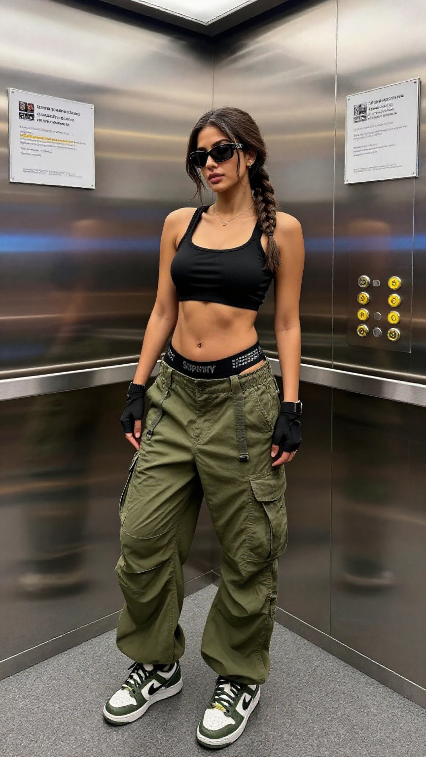 Photograph of a young woman with medium brown skin and long dark brown hair in a side braid. She is wearing black sunglass...