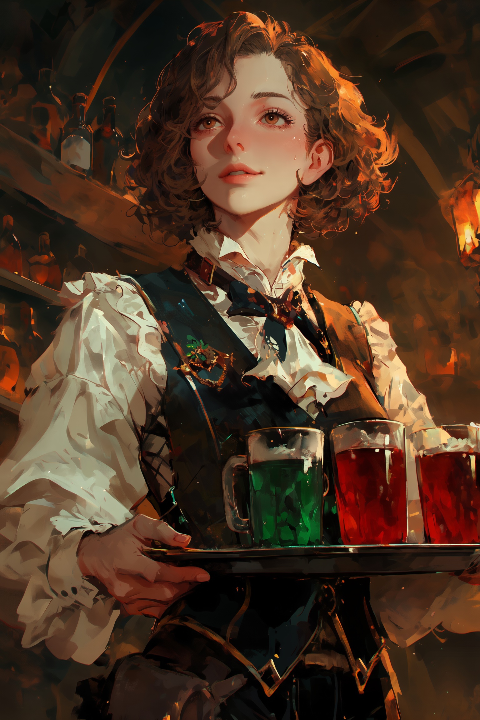 a warm depiction of tavern wench carrying a tray of drinks,  short brown hair,  fair skin on Tensor.Art