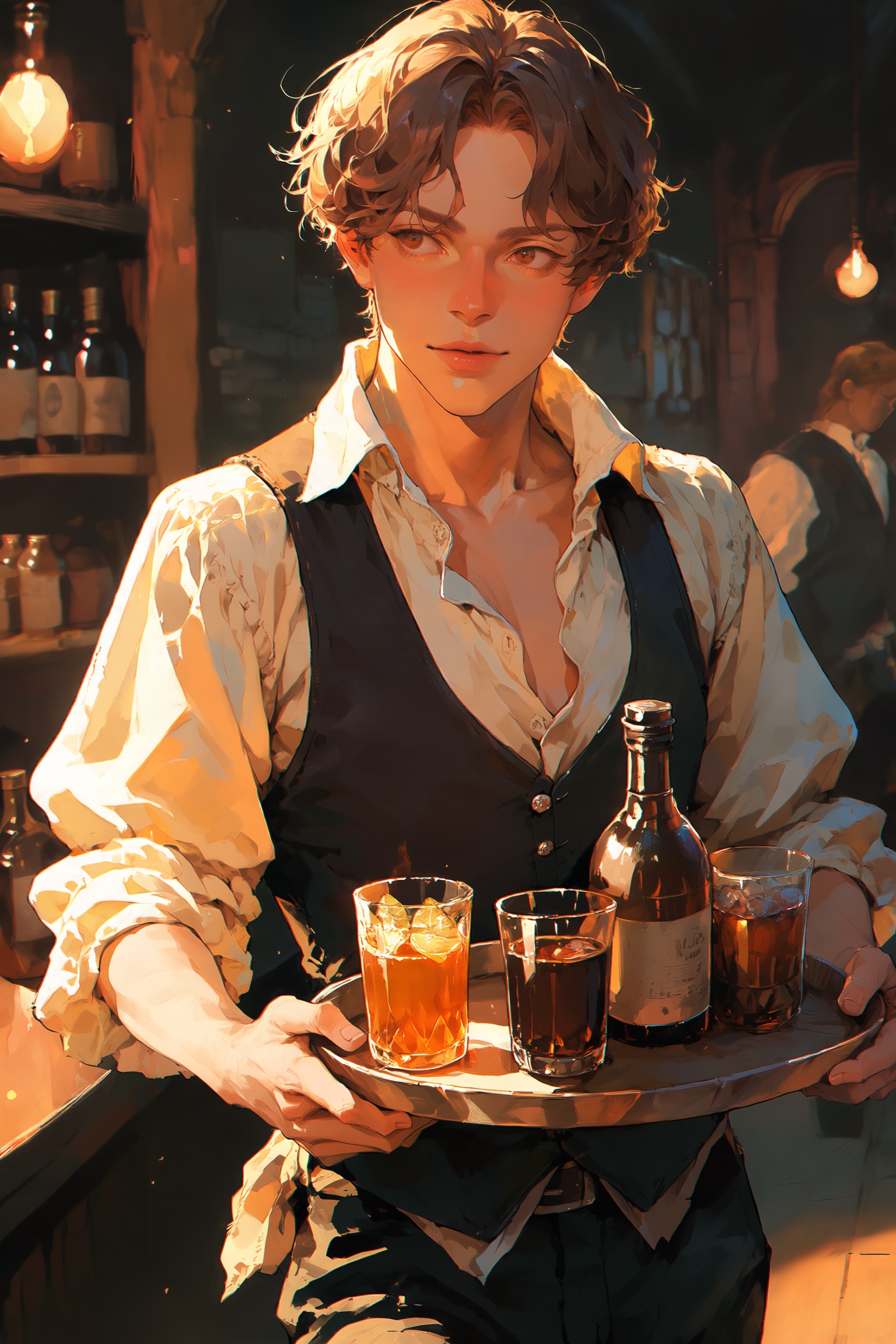 a warm depiction of tavern wench carrying a tray of drinks,  short brown hair,  fair skin on Tensor.Art