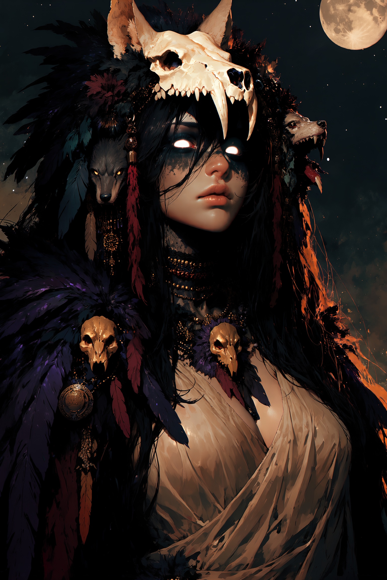 A stunningly detailed digital painting portrait of a beautiful dark goddess. She has long dark hair that partially obscure...