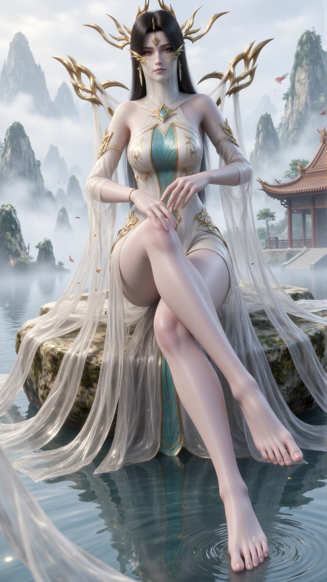 a 3D rendering of a woman in a white and teal bodysuit adorned with a white scarf around her neck and a crown of worns on...