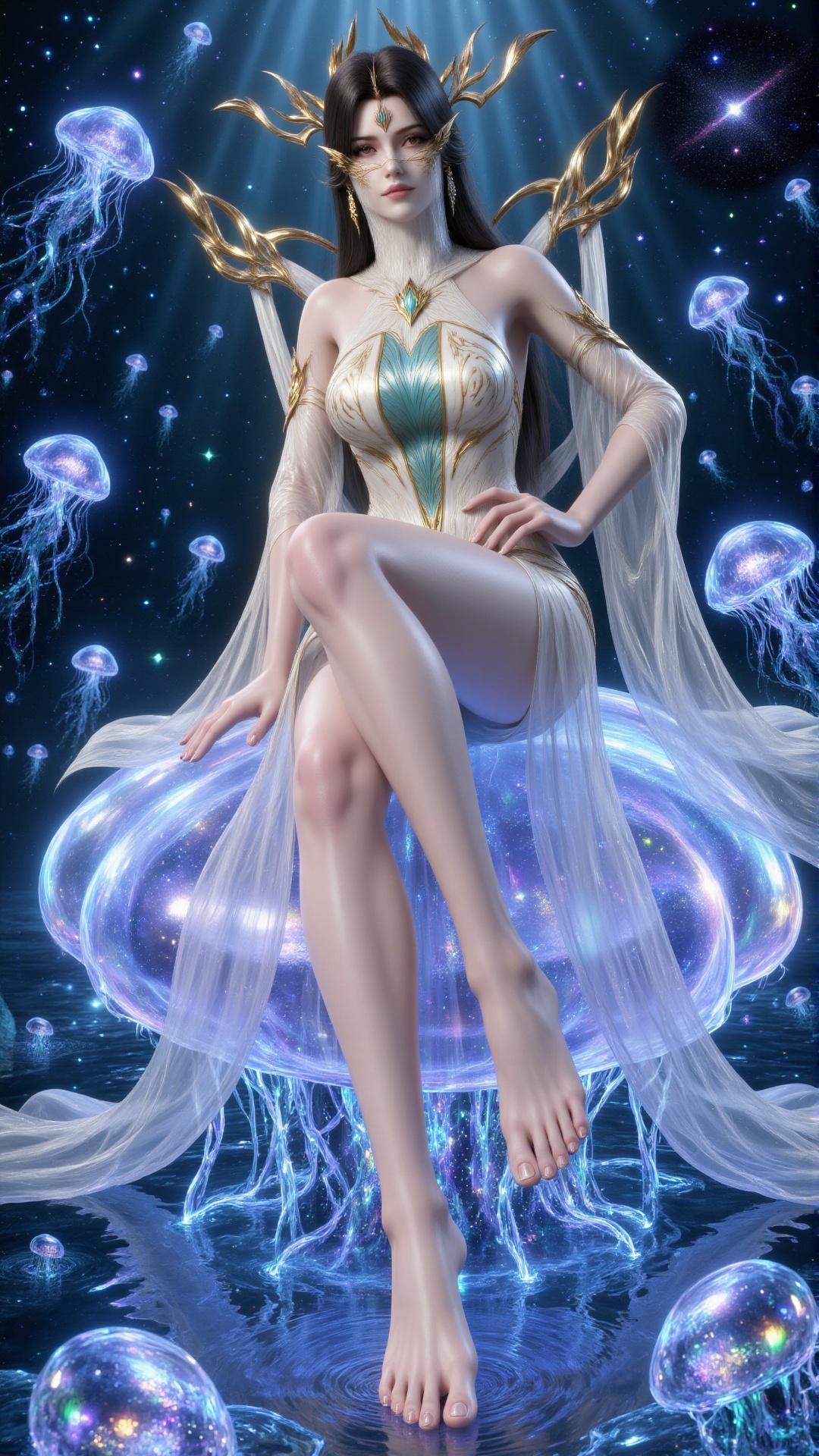 a 3D rendering of a mermaid is depicted in a stunning pose. She is adorned with a green bodysuit adorned with gold accents...