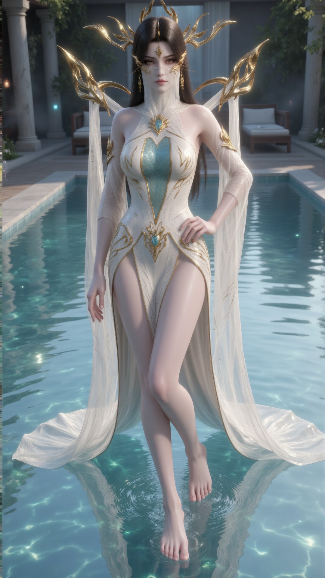 a 3D rendering of a woman standing in a pool of water. She is dressed in a white and gold swimsuit adorned with a white sc...