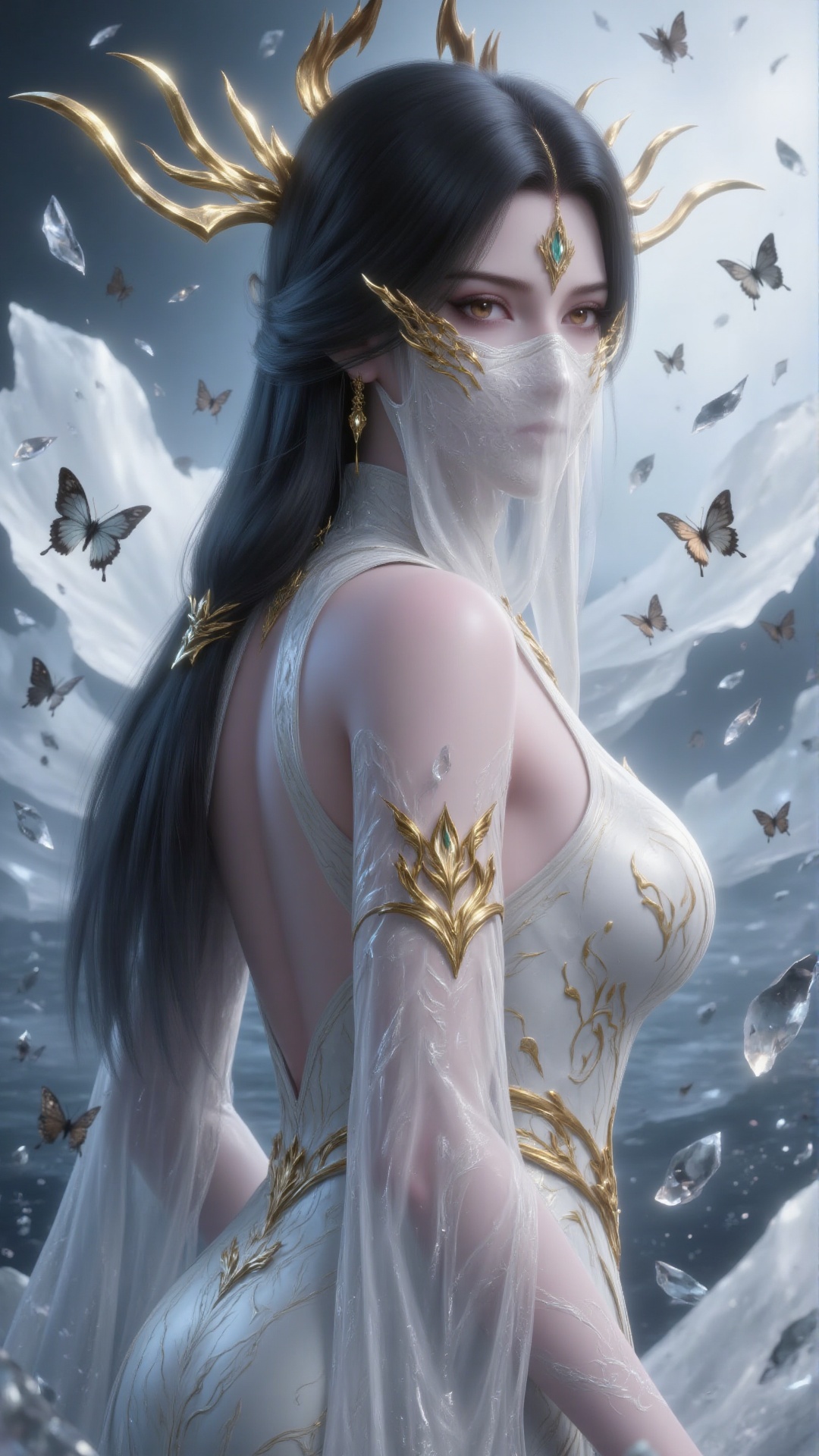 a digital painting of a woman with long dark hair wearing a white dress adorned with gold accents. The woman's face is ado...