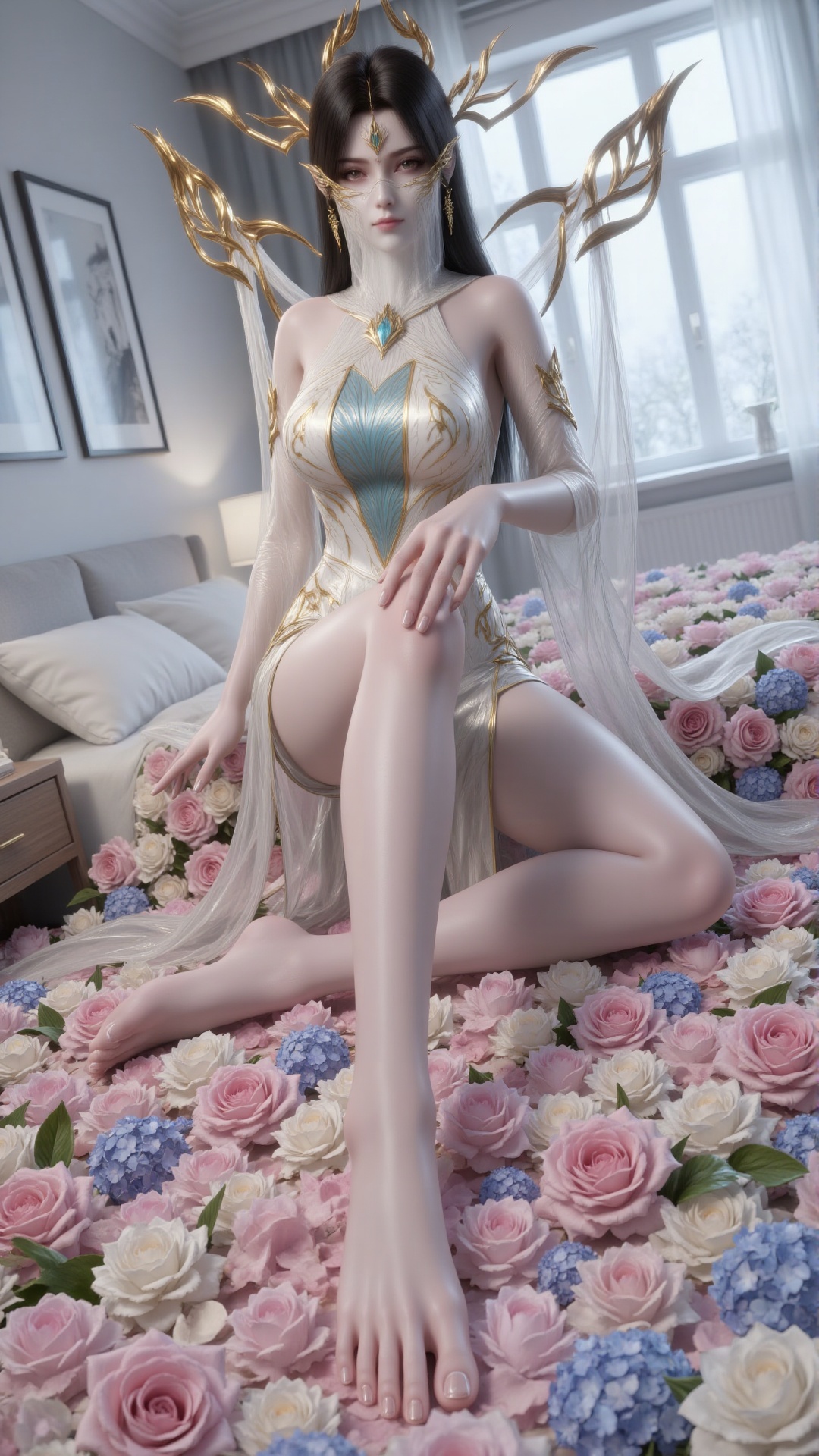 a 3D rendering of a woman is seated on a bed of flowers. She is dressed in a white and gold bodysuit adorned with a white...
