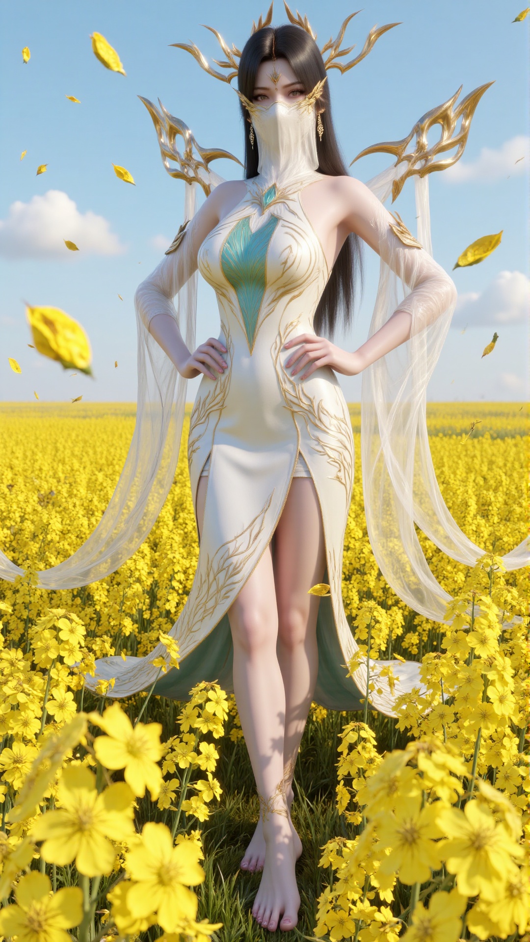 a 3D rendering of a woman stands in a field of yellow flowers. She is dressed in a white dress adorned with a white mask c...