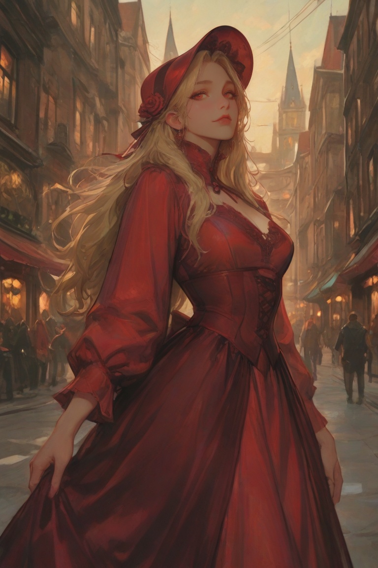 Fashion portrait from the waist up. Focus on the face. Sexy woman in a red dress and red hat,  fantasy painting,  Victoria...