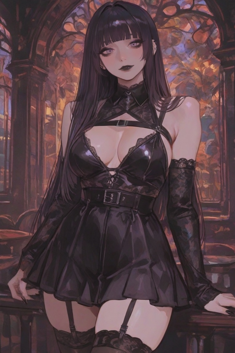 A tall and young woman with long black hair and straight bangs. She wears gothic emo makeup,  with black lipstick. She has...