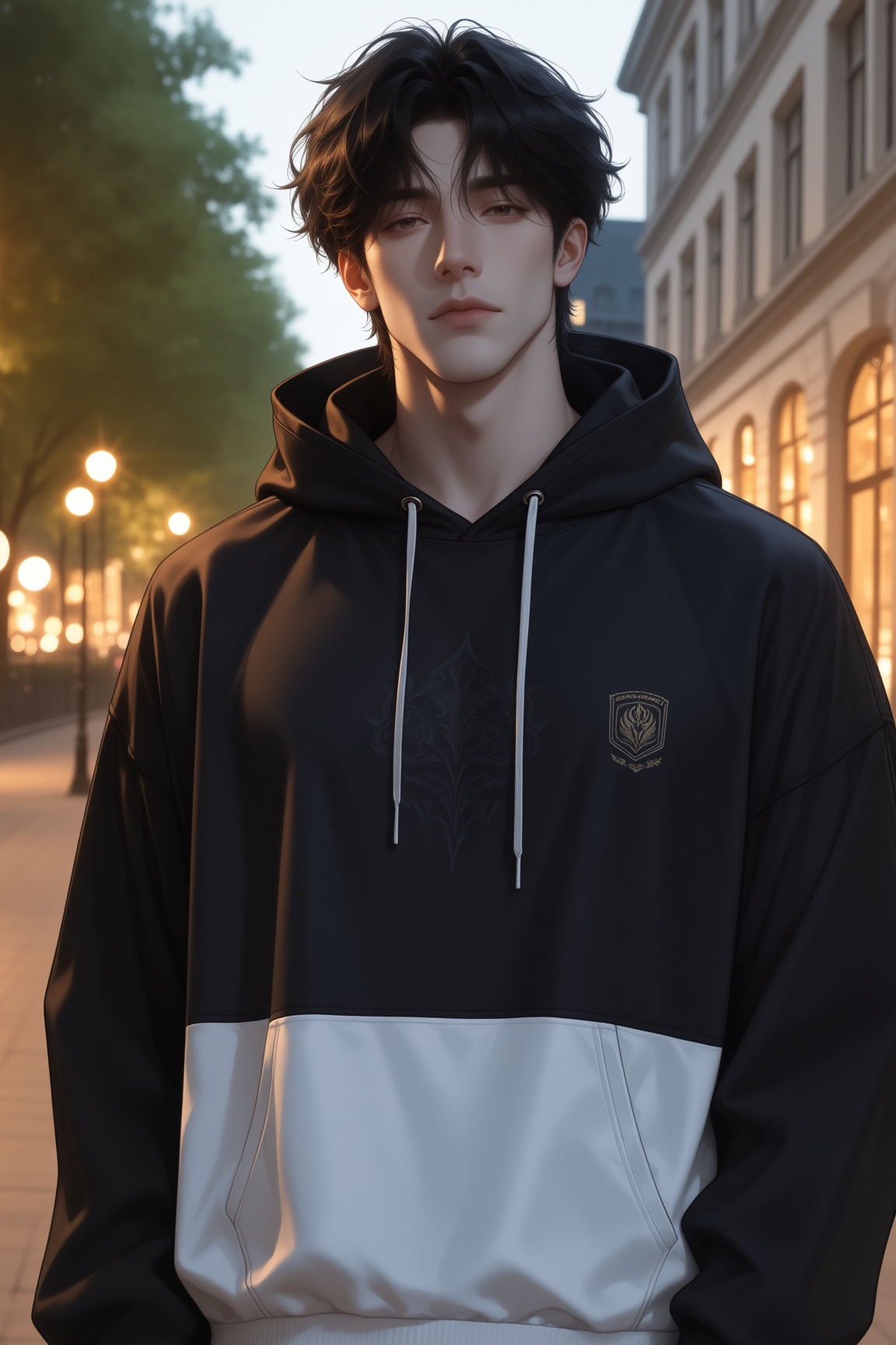 1 man,  solo a handsome man with a slim build and pale skin. He has soft,  messy black hair with bangs covering his forehe...