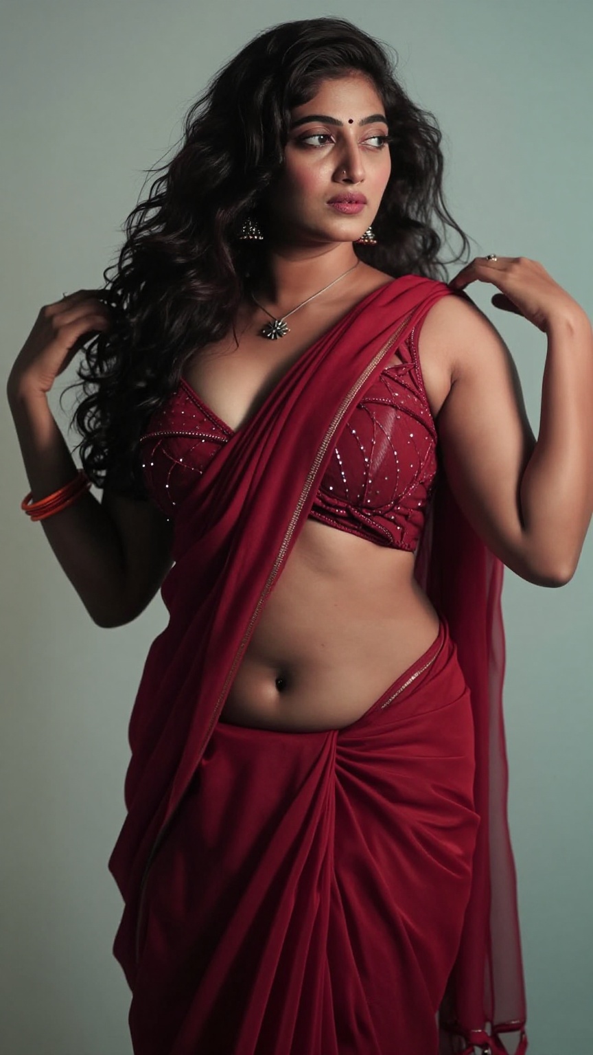 Cinematic photograph of a tall young South Asian woman in saree with navel show,  realistic skin tone and very very long t...