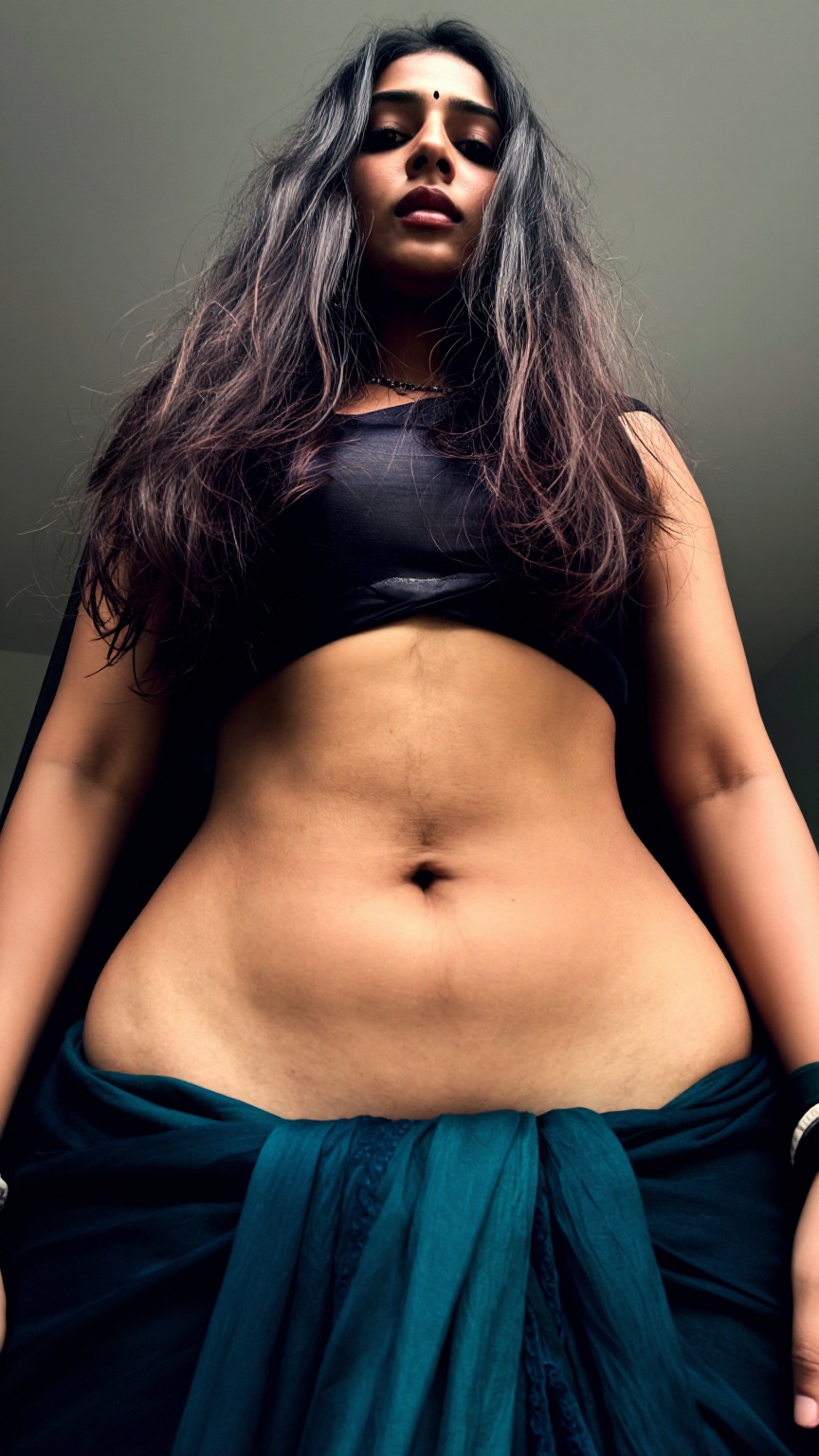 A worm’s-eye view low-angle shot captures a Mallu young slim woman with a seductive expression. Her long,  wavy hair casca...
