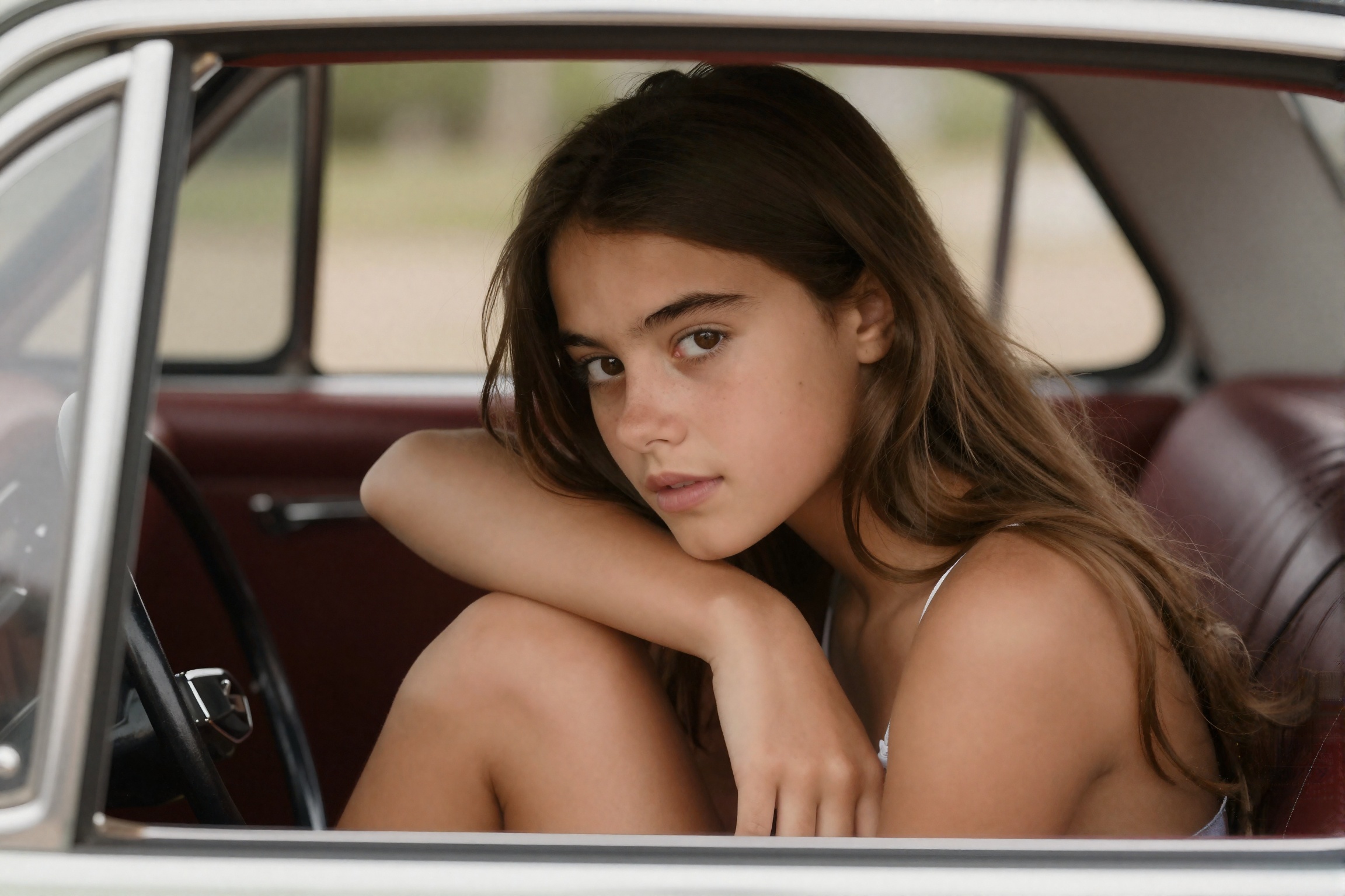 Create an interior shot of a vintage automobile,  capturing a side view of a beautiful young woman seated with one knee up...