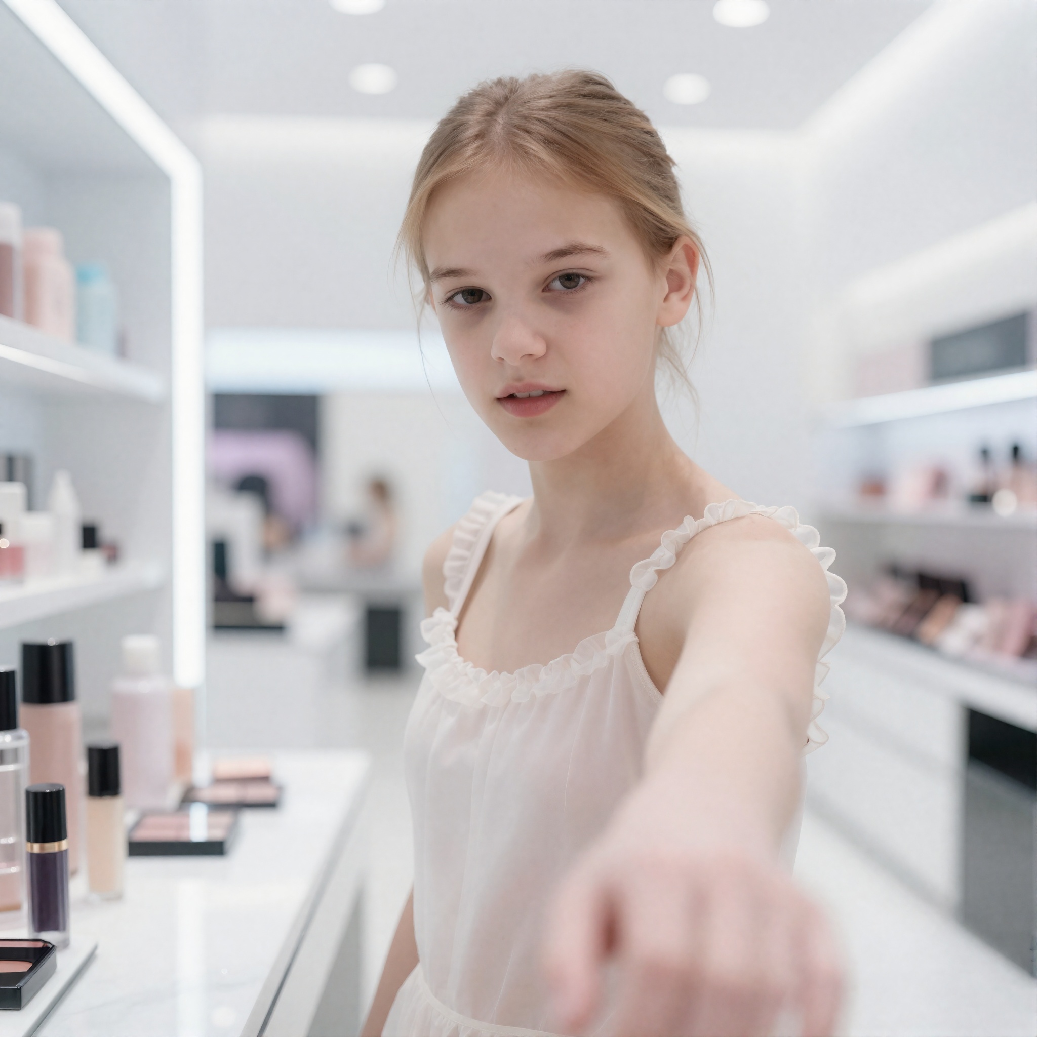 A striking,  medium close-up,  cinematic shot capturing a youthful 18-year-old in a moment of intimate reaching directly t...