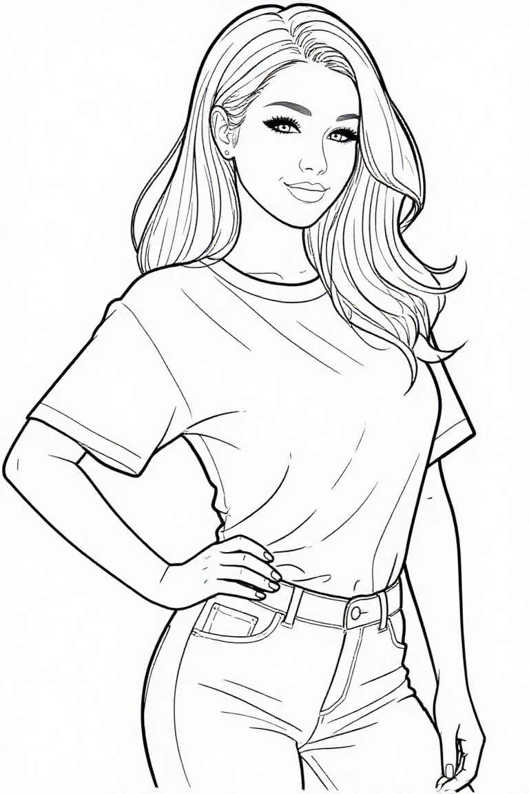 The image depicts a clean,  coloring book–style line illustration of a young woman with long,  flowing hair. She is wearin...