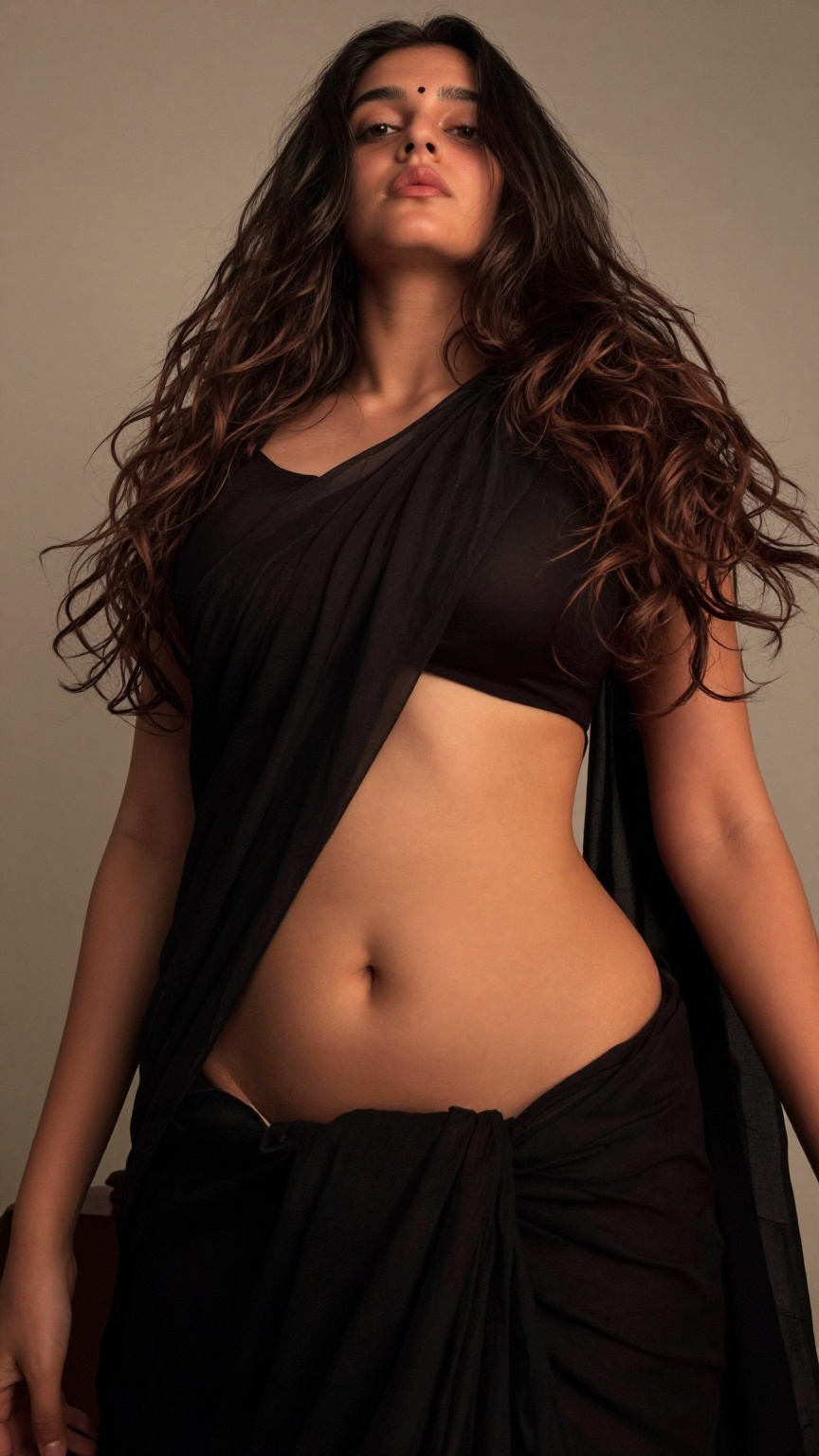 A worm’s-eye view low-angle shot captures a enormous bust young slim woman with a seductive expression. Extreme low rais L...