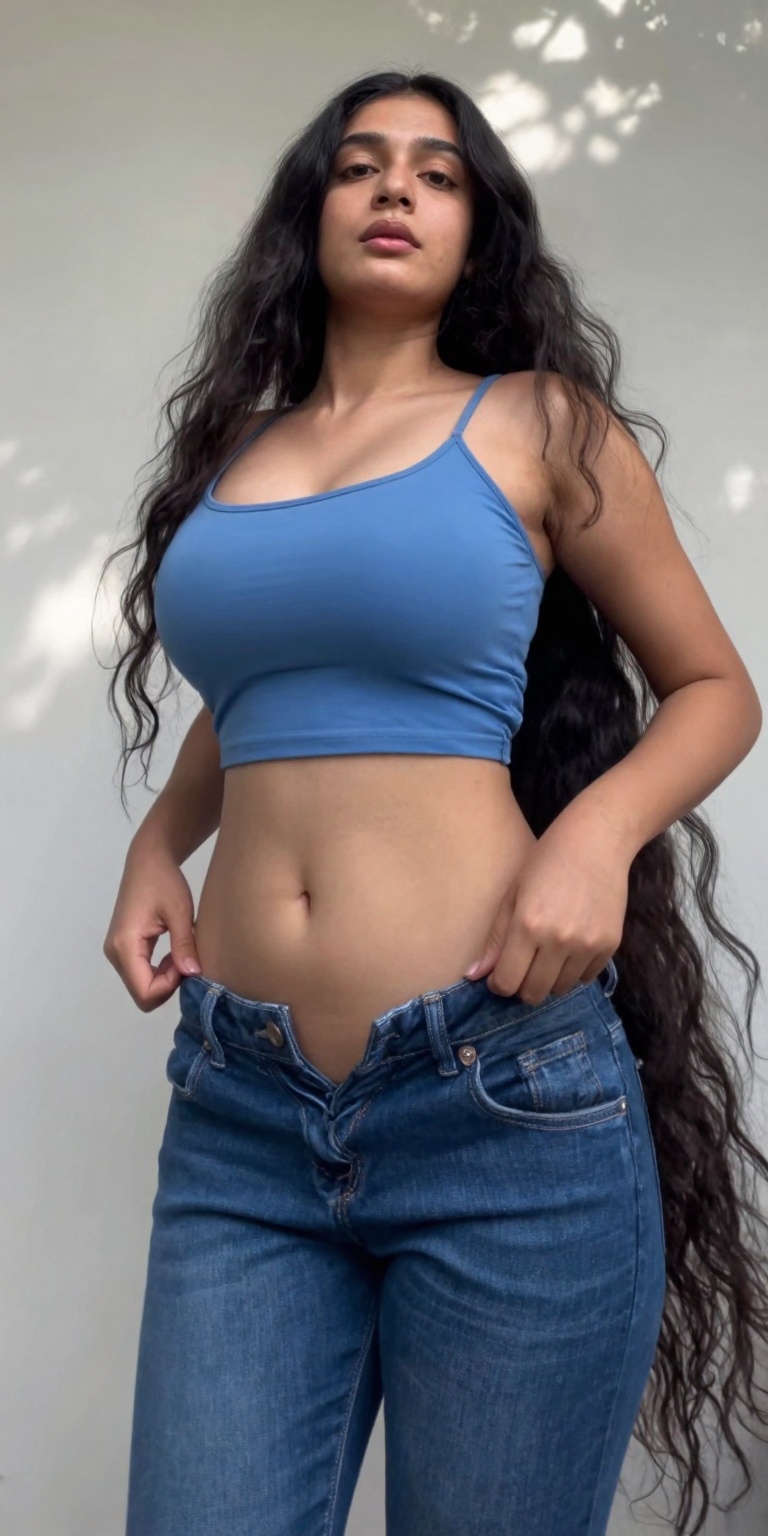 Create a realistic mobile photo with a low worm-eye shot perspective,  focusing on a solo tall South Asian woman. She has...