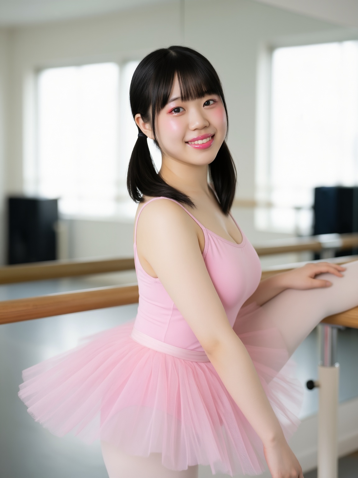A medium-shot Japanese portrait photography of an 18-year-old East Asian girl with a captivating and infectious smile. She...