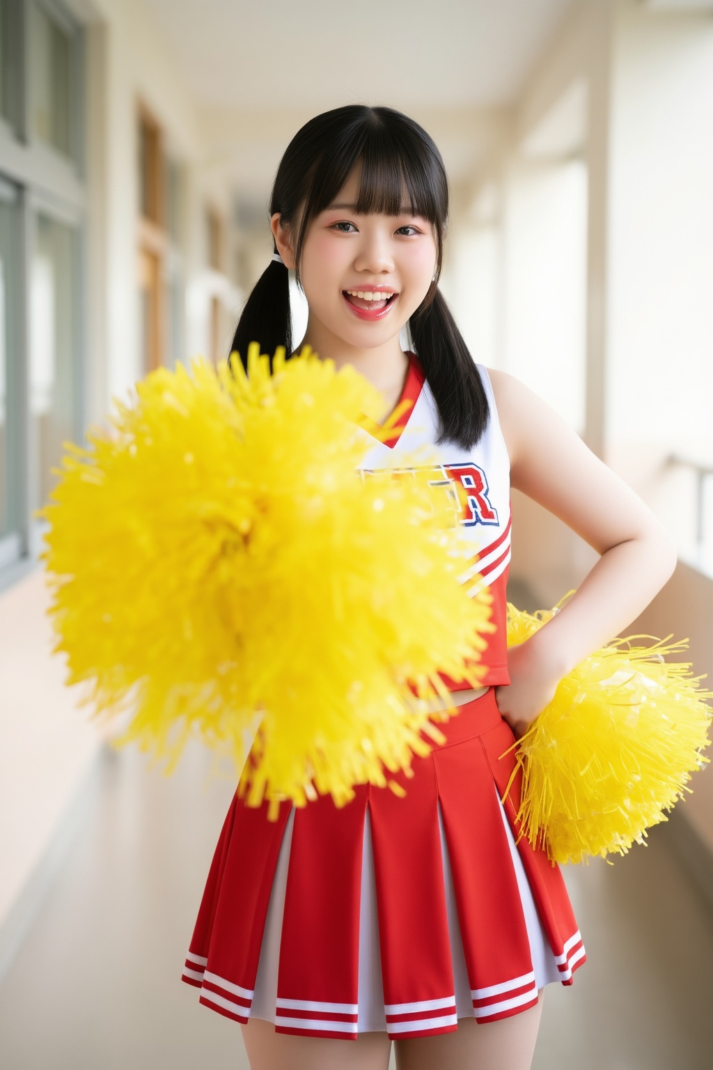 A medium full-length portrait of an 18-year-old East Asian girl with a radiant,  infectious smile,  captured from a front-...
