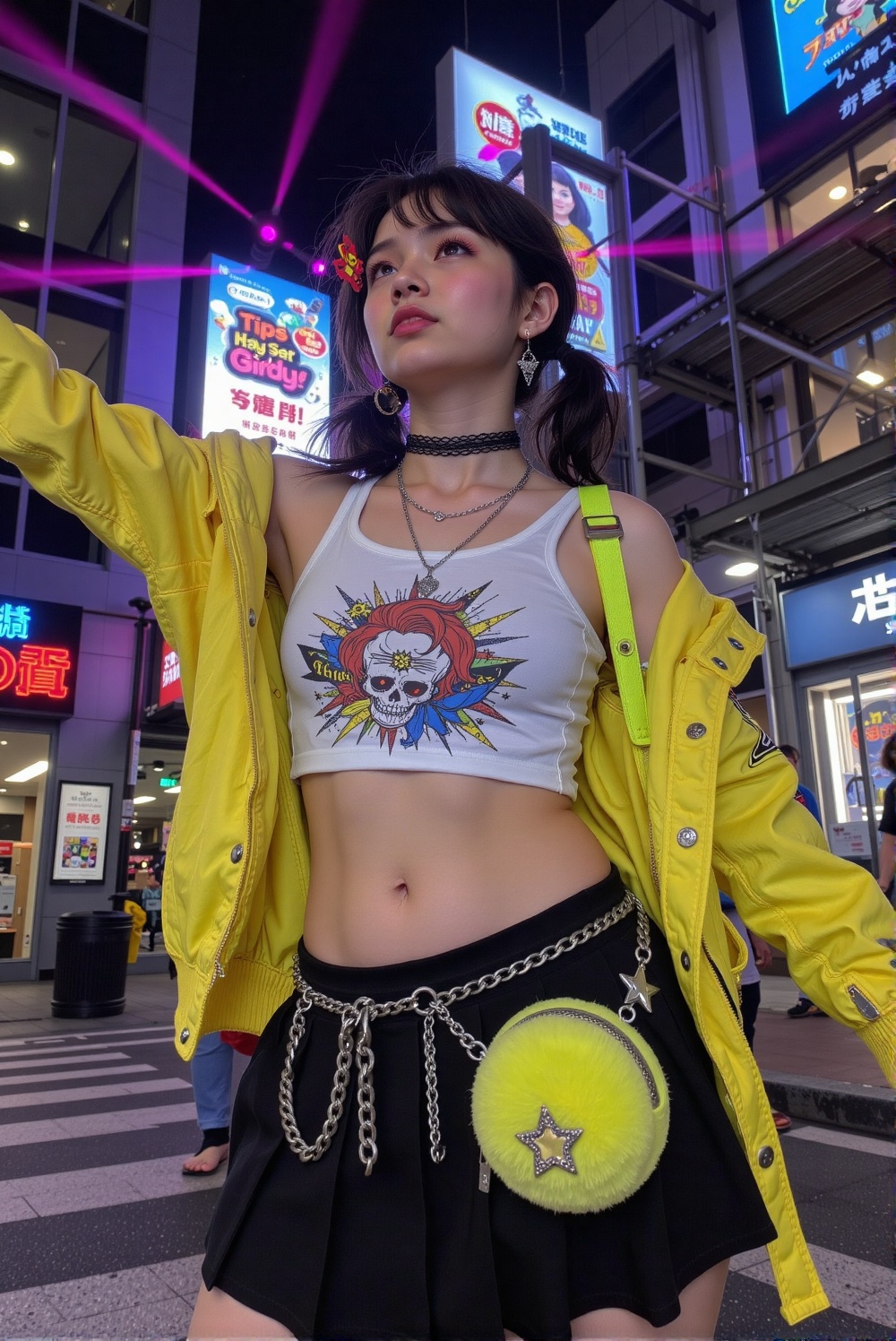 Subject: A fashionable young woman hair: Her dark hair is styled into playful,  slightly messy low pigtails with loose fra...