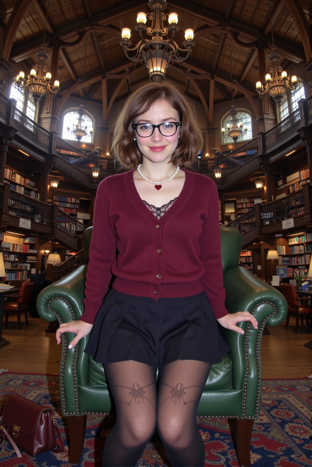 an ultra-wide shot of a young woman with wavy brown bob-length hair and glasses sitting in a green leather armchair inside...